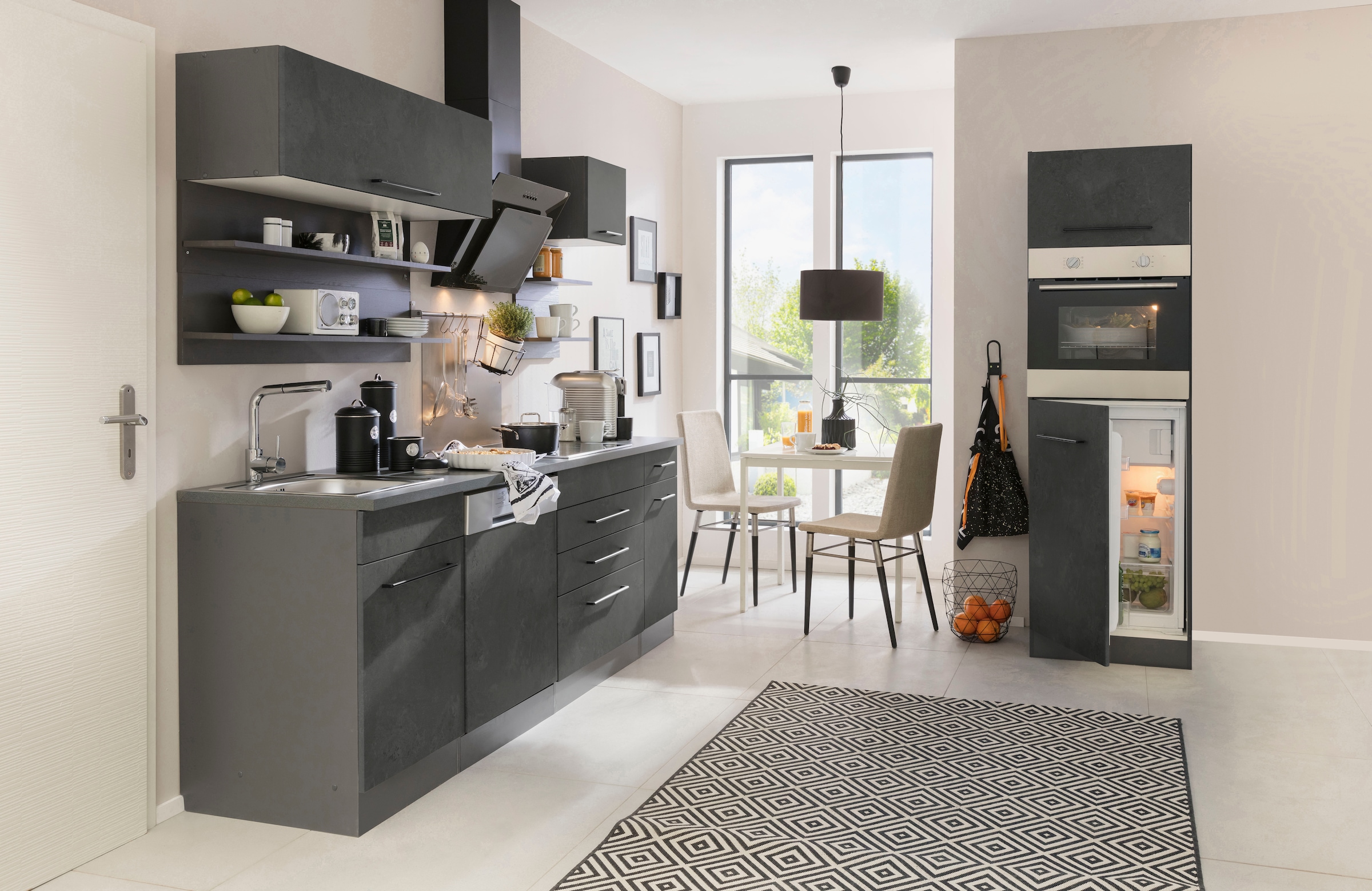 KOCHSTATION Küchenzeile »KS-Tulsa«, mit E-Geräten, Breite 290 cm, schwarze Metallgriffe, MDF Fronten