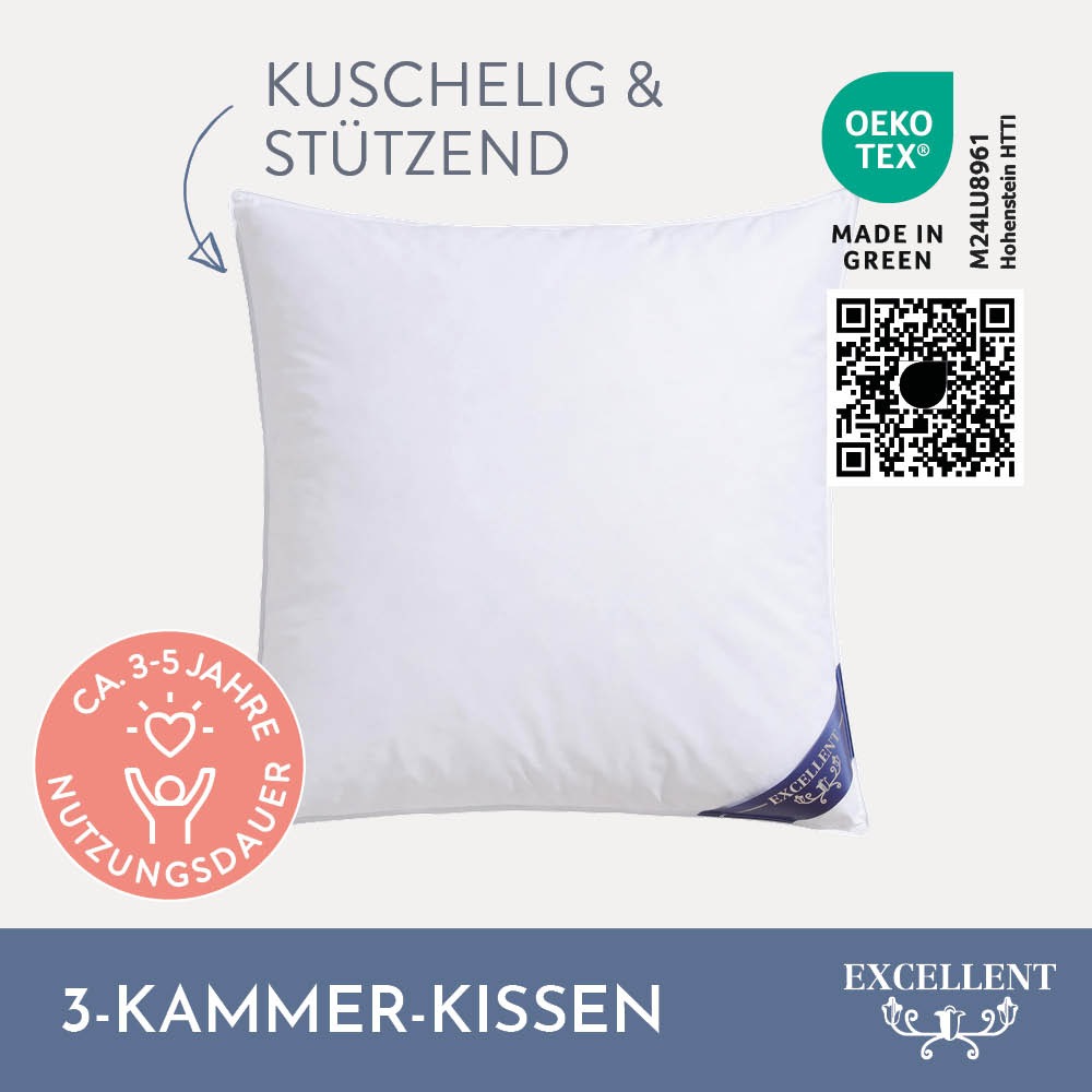 Excellent 3-Kammer-Kopfkissen »Zürich, in 40x80 und 80x80 und weitere Größen«, Füllung: weiße neue Daunen und Federn, Klasse I, Bezug: feiner Daunen-Batist, 100% Baumwolle, (1 St.), allergikerfreundlich, hergestellt in Deutschland