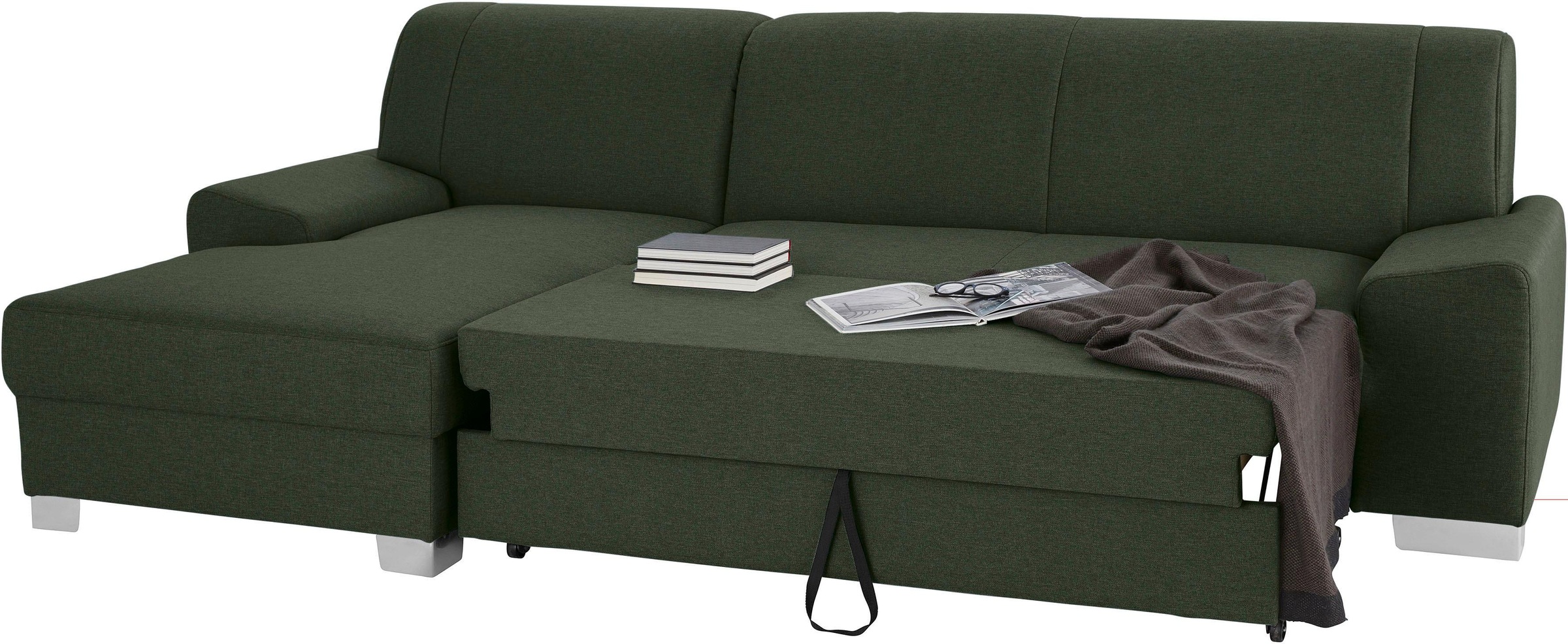 DOMO collection Ecksofa »Anzio L-Form, whlw. Bettfunktion, Federkern, hochwertig, Breite 271 cm«, Mit Bettfunktion, Recamiere links, Struktur fein, dunkelgrün