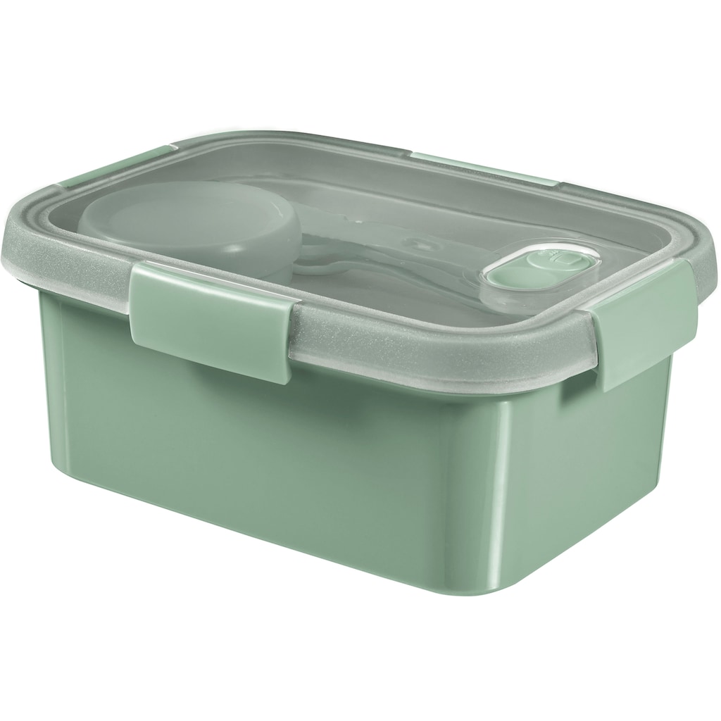 Curver Frischhaltedose »SMART ECO TO GO UNCH«, (Set, 4 tlg., bestehend aus-1 x Lunchbox 1,2L rechteckig,-1 x Lunchbox mit 2 Fächern 0,6L + 0,3L rechteckig,-1 x Lunchbox 1L rund,-1 x Becher L, Volumen 0,6 L), 100% Recyclingmaterial