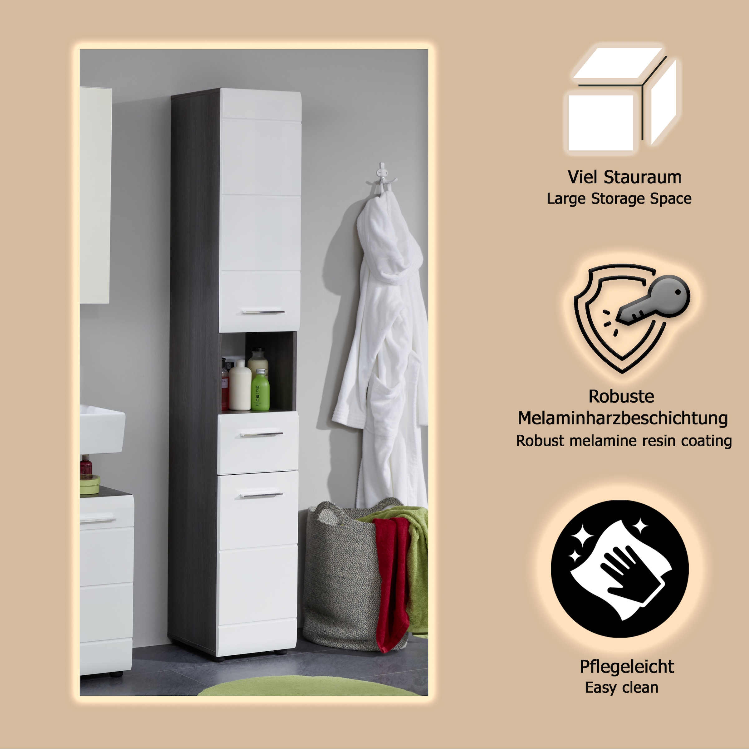 welltime Hochschrank »Sovana«, Badezimmerschrank in Hochglanzoptik - (B/T/H) 30/31/182 cm