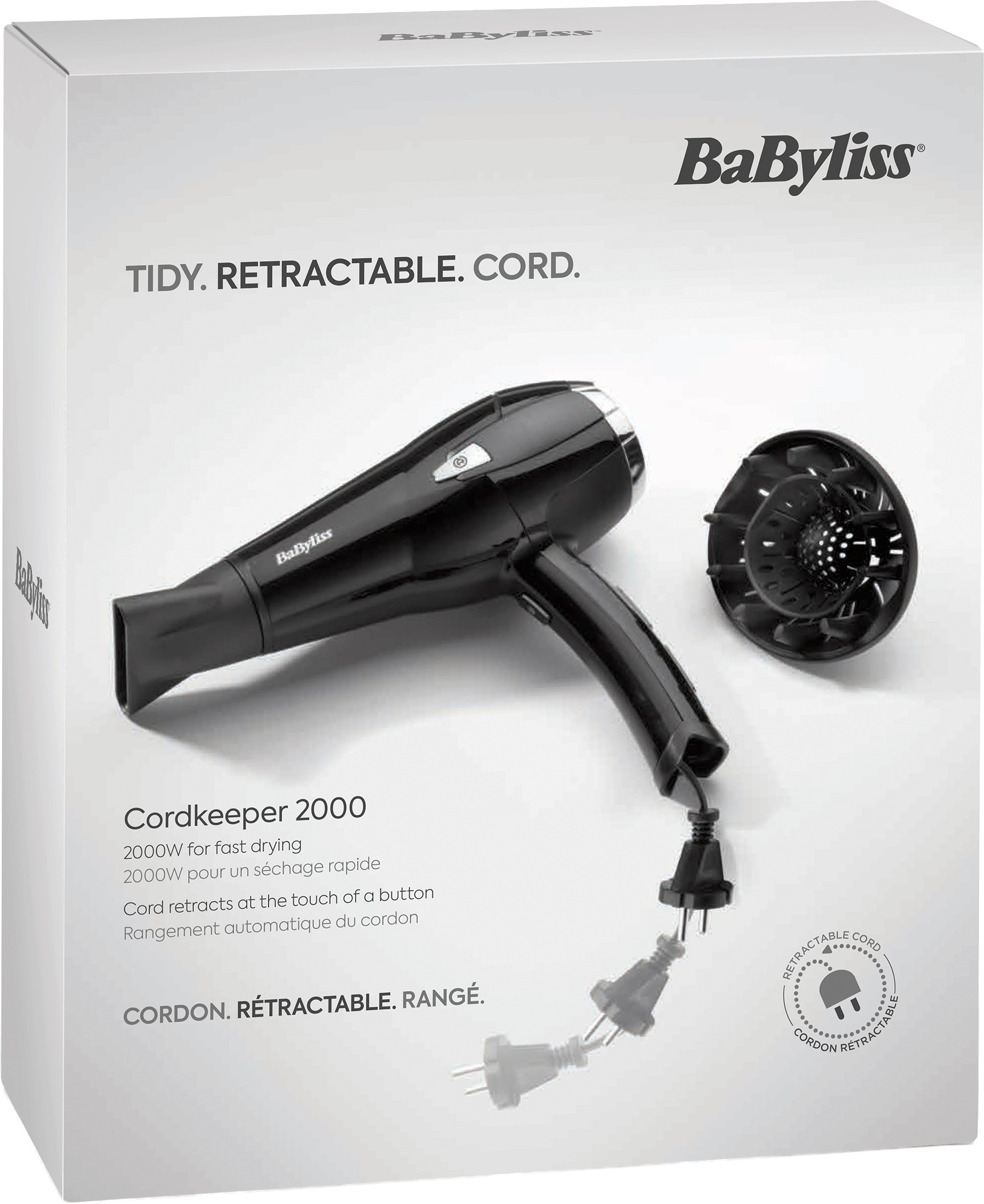 BaByliss Haartrockner »BaByliss CordKeeper 2000 Haartrockner mit Kabeleinzugsfunktion, D374DE« 2.000 W 2000 W Föhn mit Ionen-Technologie, Diffusor, Zentrierdüse & 3 Stufen