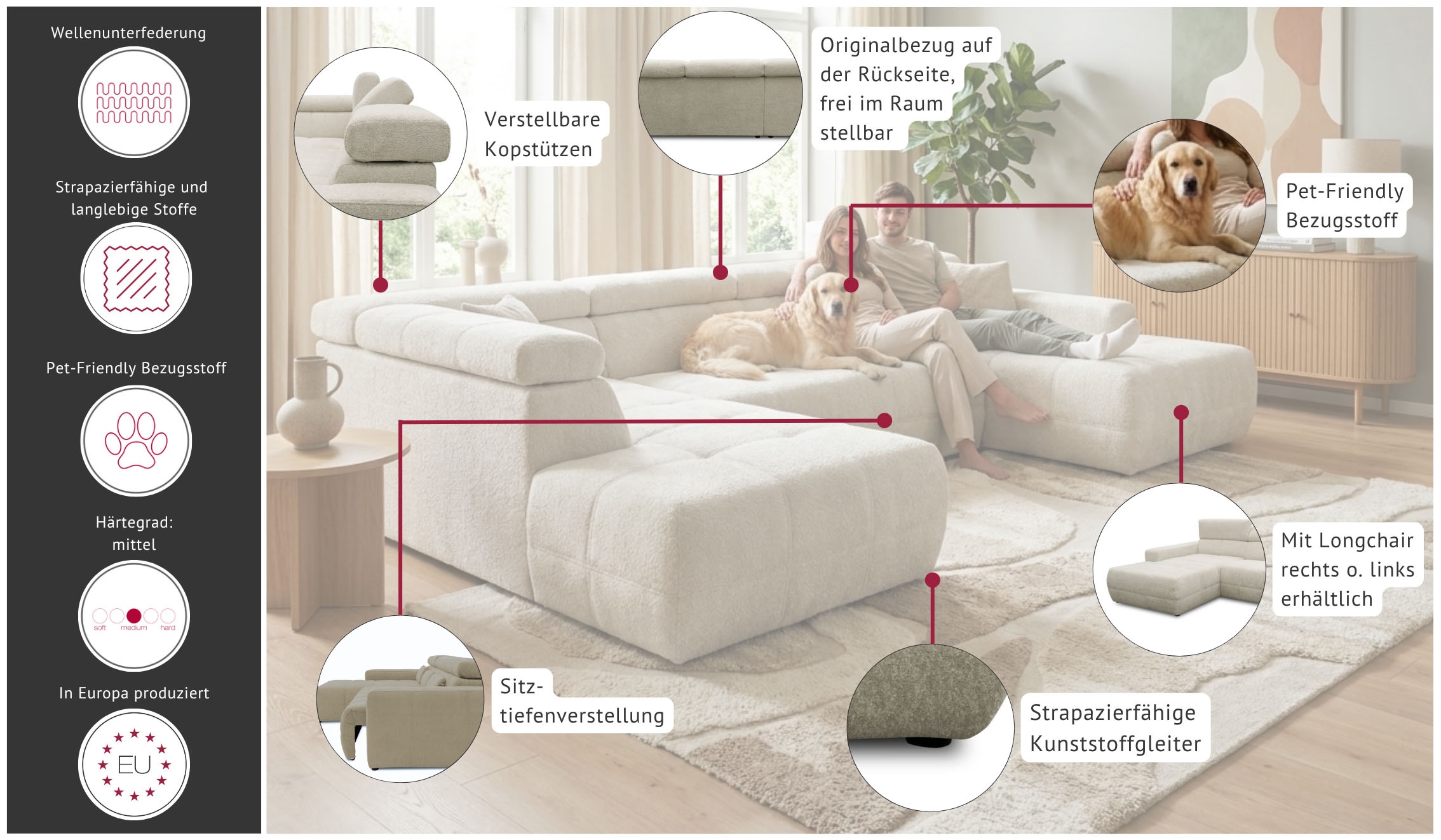 OTTO home Wohnlandschaft »Ballerup 359 x 228 cm, auch mit verstellbarer Sitztiefe« Kopfteile verstellbar, Pet Friendly Bezug, U-Form