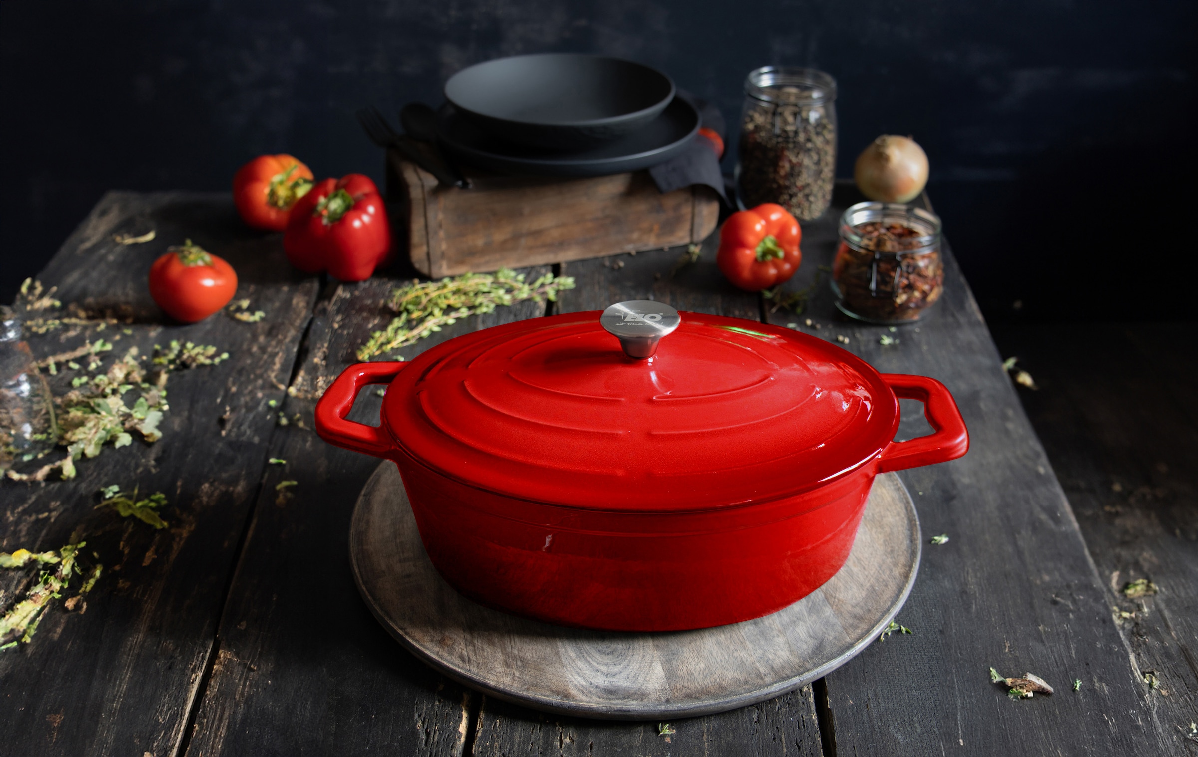 Elo Bräter »Kirschrot Gusseisen Topf 33 cm« Topf inkl. Deckel, 2 Stk. tlg. Gusseisen