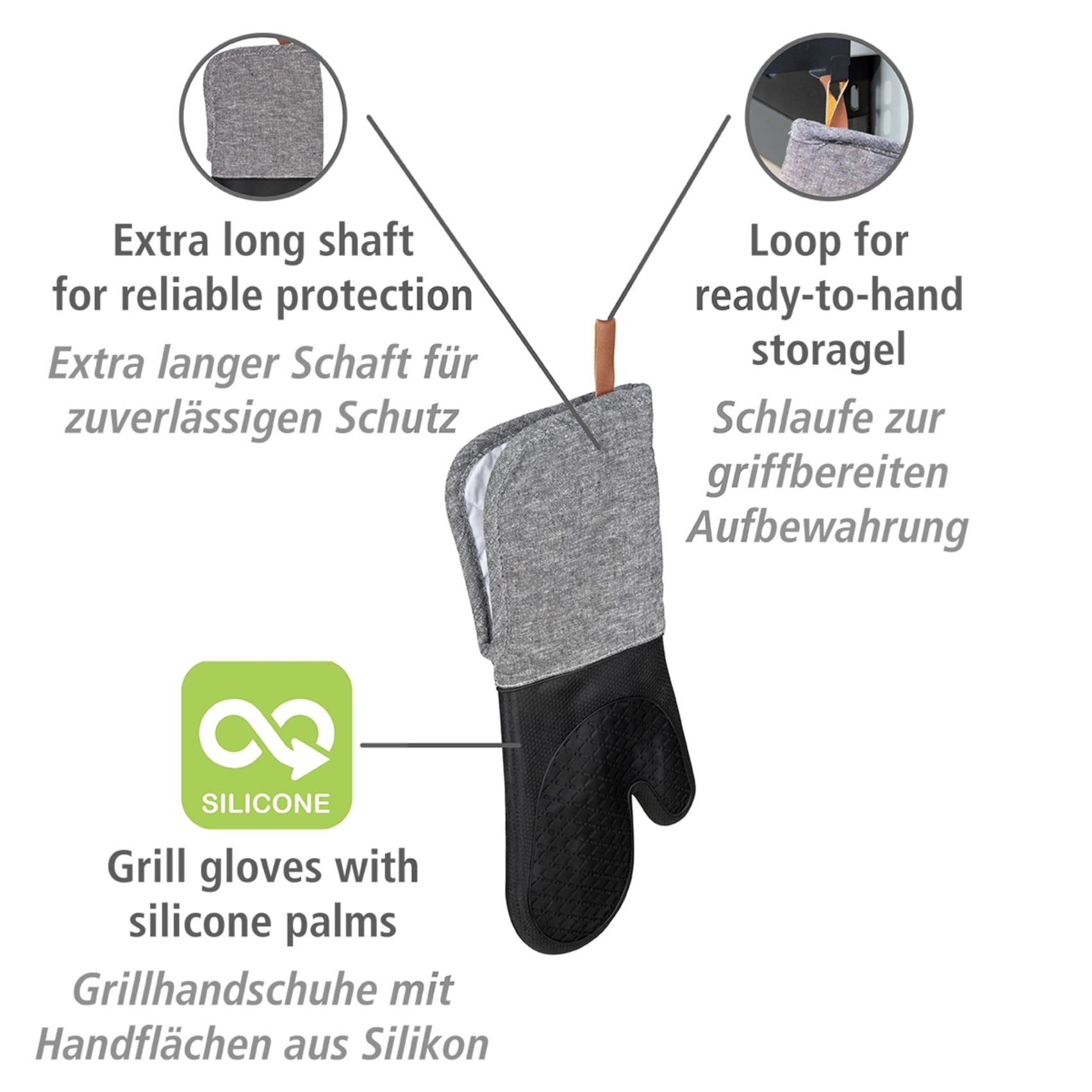 WENKO Topfhandschuhe »Modell Ada«, (Set, 2 tlg.), Ofen- und Grillhandschuhe, extra langer Schaft, Baumwollinnenseite