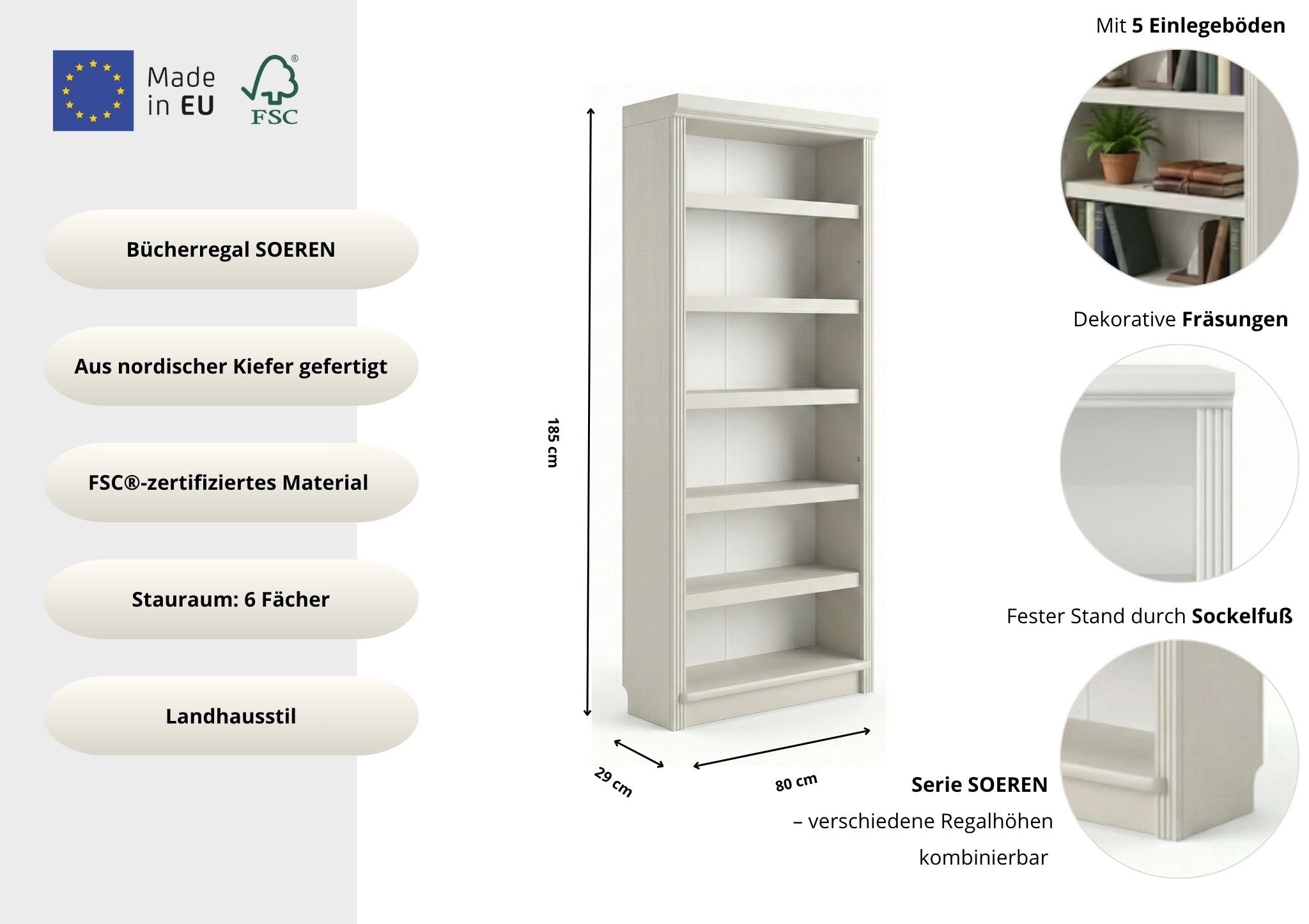 OTTO home Bücherregal »Soeren Regal B/T/H: 80/29/185 cm, 6 Fächer« aus massiver Kiefer, FSC®-zertifiziert