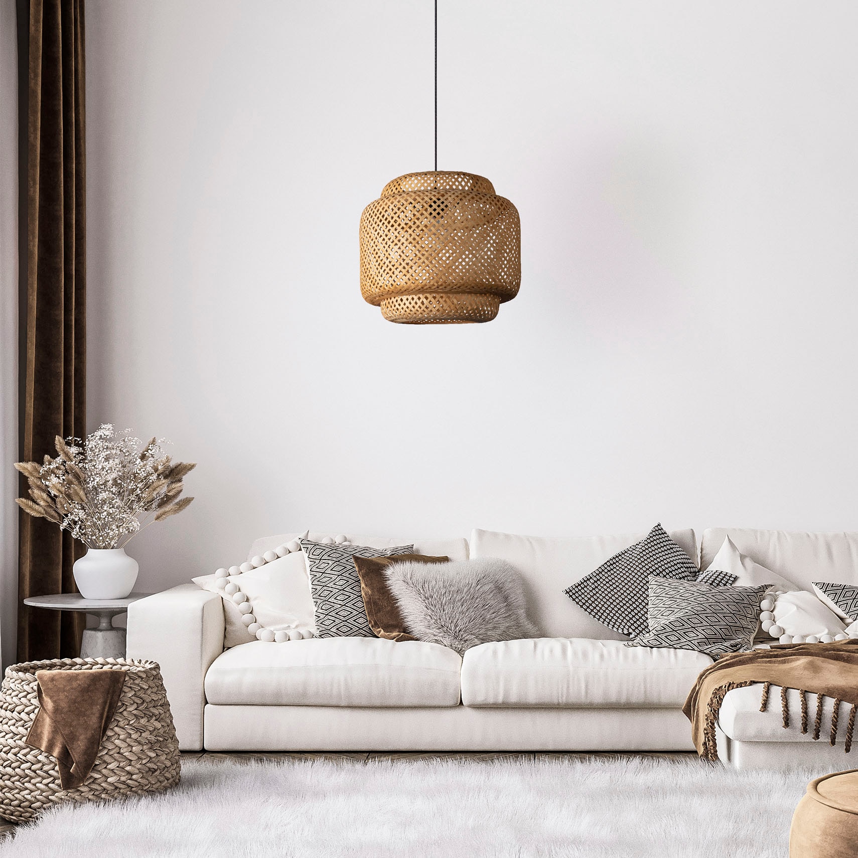 Paco Home Pendelleuchte »KORVI«, Leuchtmittel E27 | ohne Leuchtmittel, Korblampen Pendelleuchte Holz Boho Natur Wohnzimmer Esszimmerlampe
