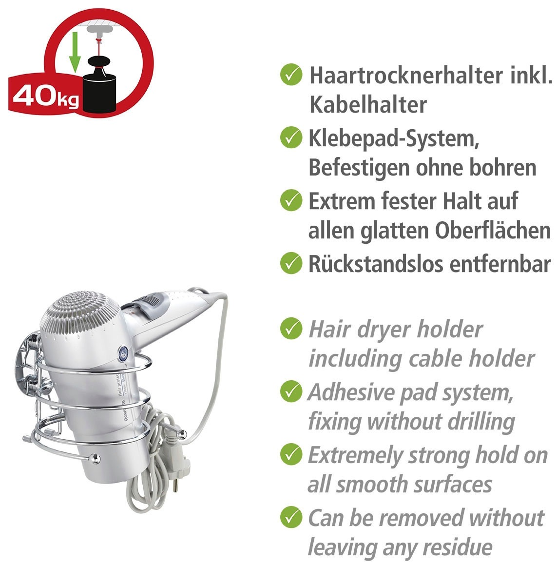 WENKO Haartrocknerhalter »Turbo-Loc®«, (1 St.), befestigen ohne bohren