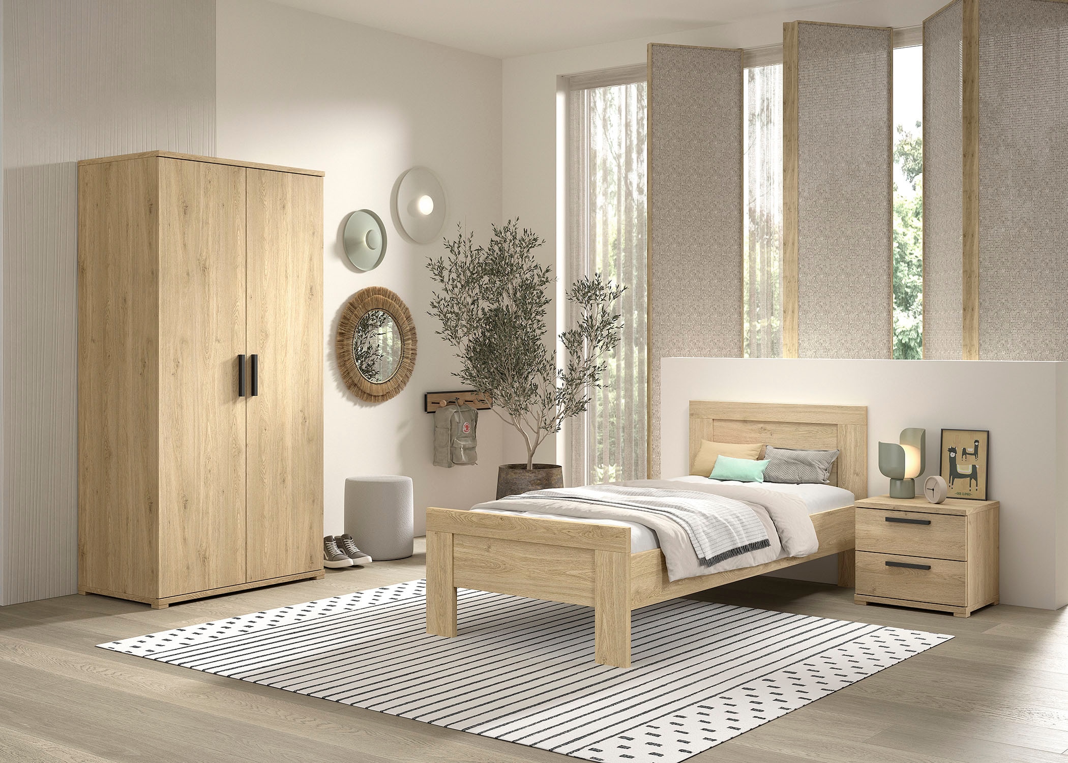 Vipack Jugendzimmer-Set »SAM - Bett, Nachtkonsole, Kleiderschrank 2-trg., gradliniges Design« Schubladen auf Metallauszug, mit viel Stauraum, 3 tlg. tlg.