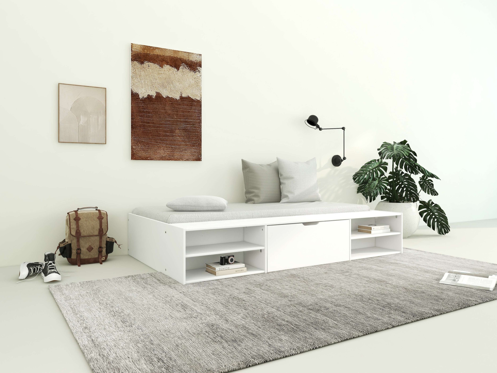 Home affaire Stauraumbett »Cavan, Jugendbett, Podestbett, Futonbett, Made in EU«, (Breite/ Belastbarkeit: 120cm/200 KG, 90cm/ 100KG), inklusive Lattenrost, viel Stauraum, breite Ablage, FSC® zertifiziert