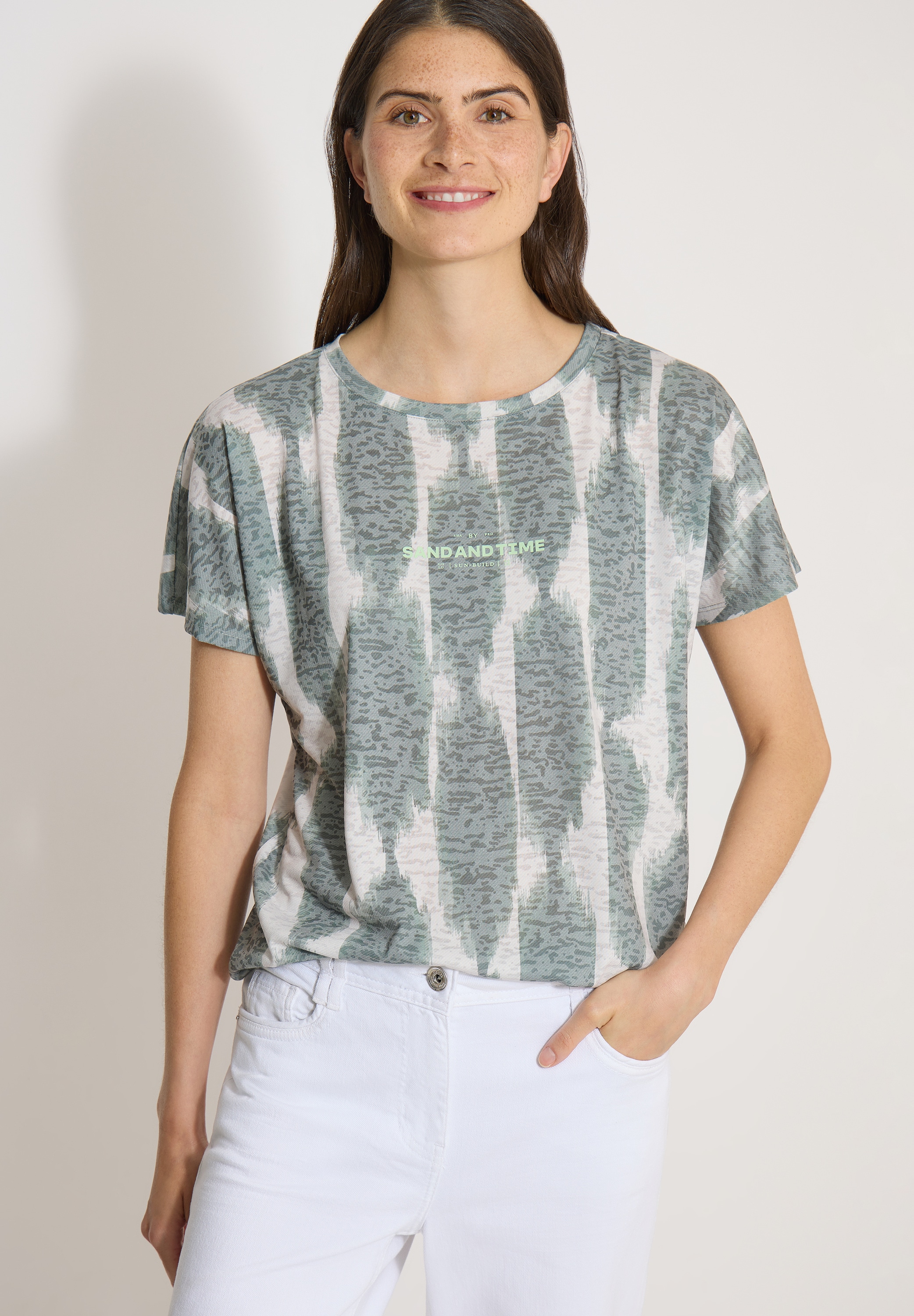 Cecil Kurzarmshirt Sommershirt im Ausbrenner-Look mit Wording