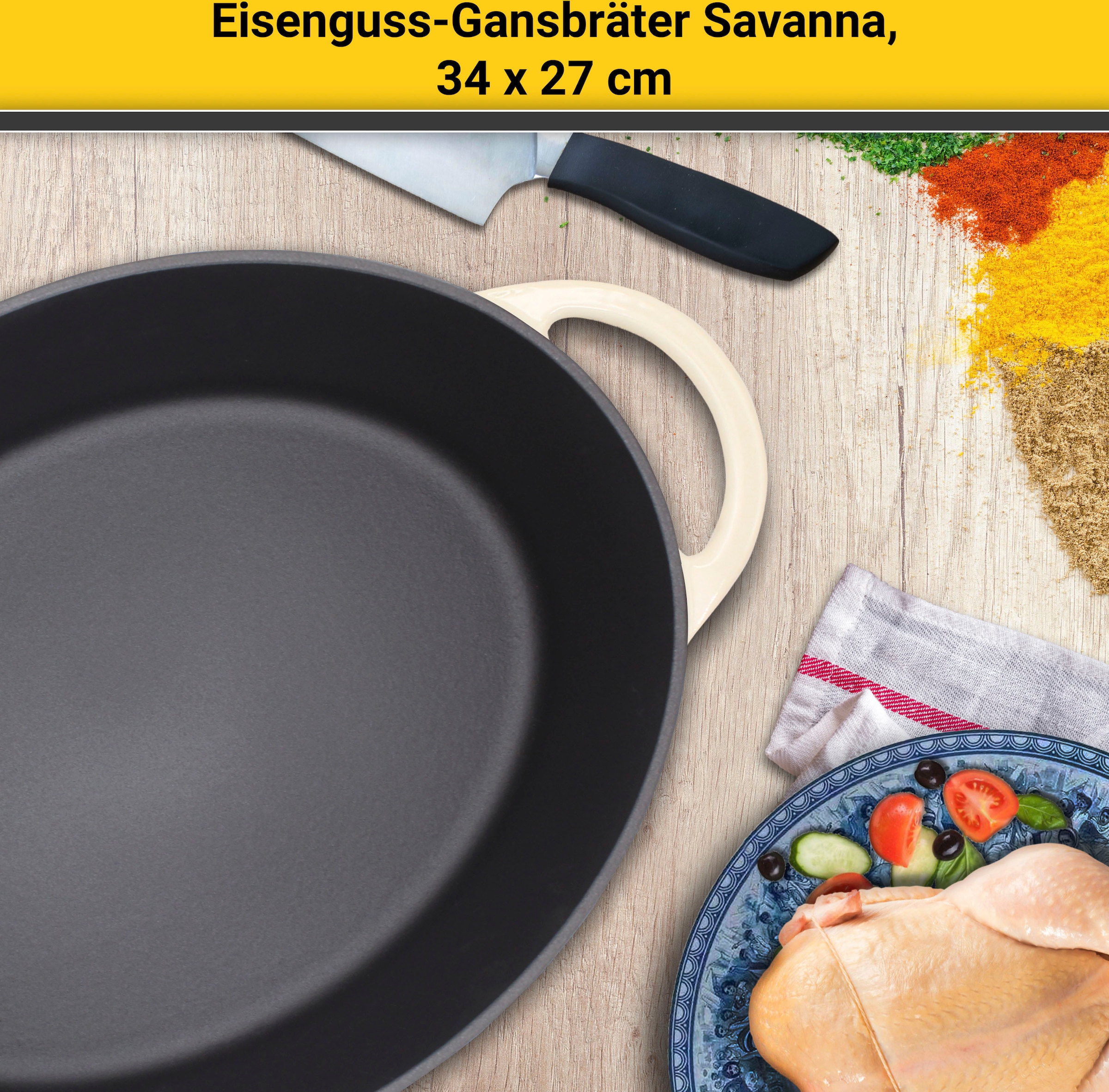Krüger Bräter »Eisenguss Gansbräter mit Deckel SAVANNA, 34 x 27 x 12,5 cm«, Gusseisen, (1 tlg.), für Induktions-Kochfelder geeignet