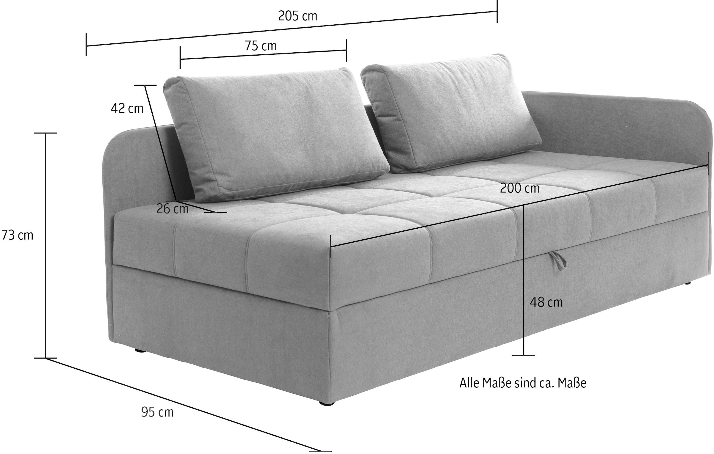 alina Schlafsofa »Marla«, inkl. Stauraum & 2 Rückenkissen, Armlehne wahlweise links oder rechts