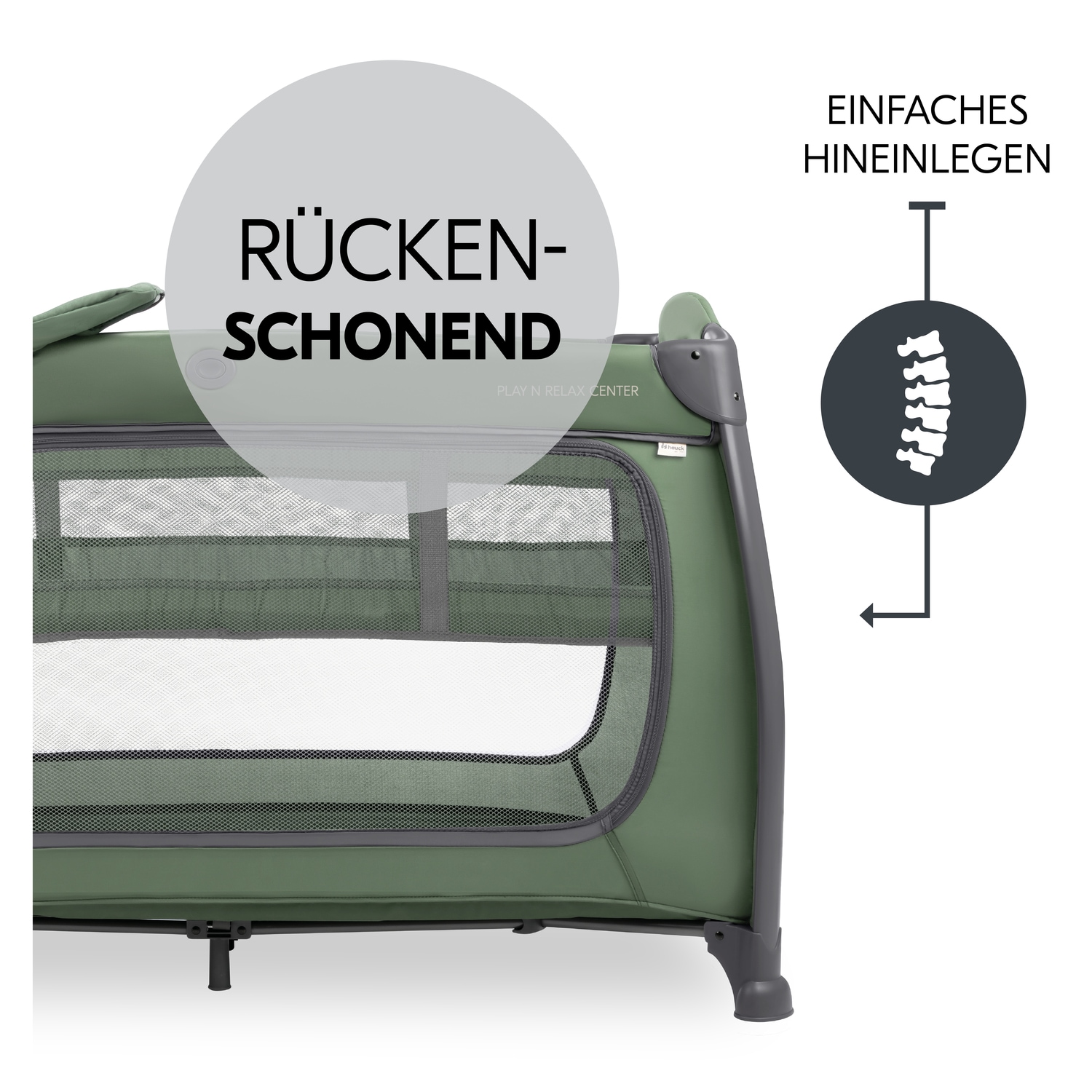 Hauck Baby-Reisebett »Play N Relax Center, darkgreen«, inkl. Neugeboreneneinhang, Wickelmulde, Ausstieg, Räder