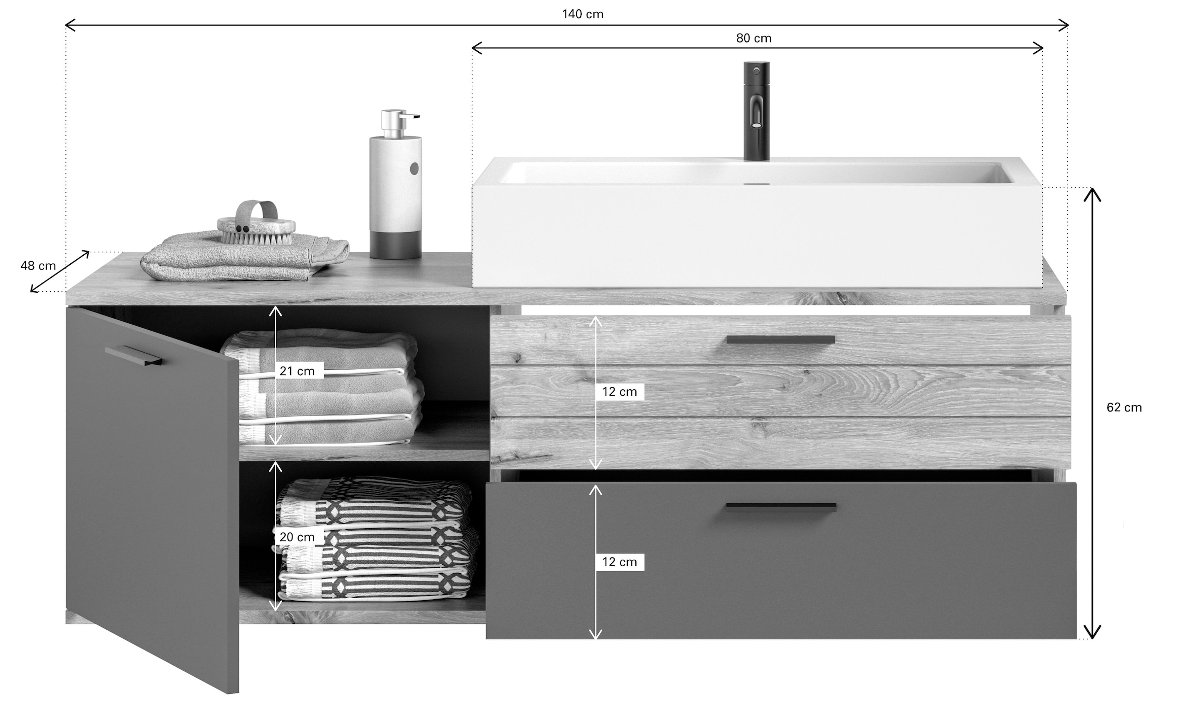 INOSIGN Badmöbel-Set »Riga, 3 teilig, inklusive Keramik-Aufsatzwaschbecken, bestehend aus:«, (Set, 3 St.), Waschtisch-Set, Hängeschrank, Badspiegel