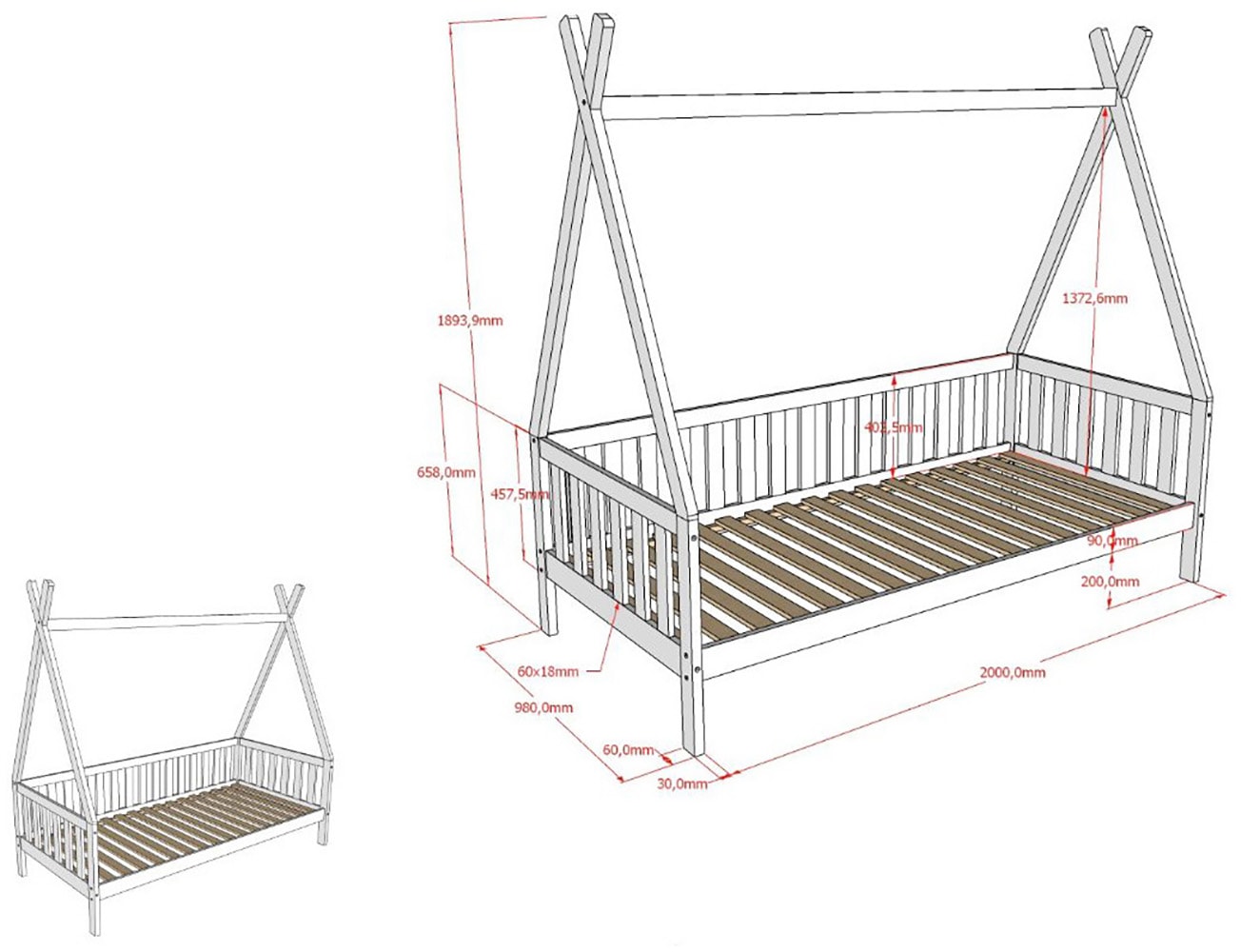 Vipack Massivholzbett »mit Tipi Dach, seitlich und hinten mit Sprossenumrandung« Liegefläche 90/200 cm mit Rollattenrost und Bettschublade auf Rollen,  Korpus aus massiver Kiefer, natur lackiert