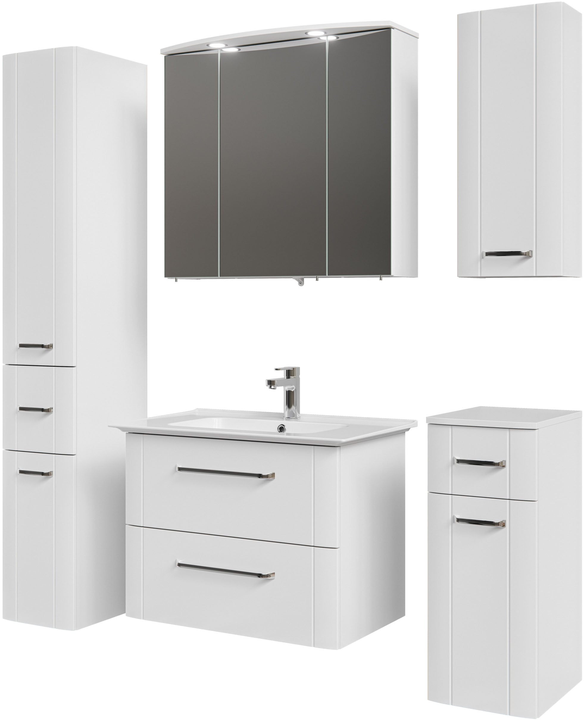 Saphir Badmöbel-Set »Badmöbel-Set Serie 3006 5-teilig Keramik-Waschtisch mit Spiegelschrank«, (6 St.), Badezimmer-Set mit Unterschrank, Hängeschrank, Hochschrank, Türdämpfer
