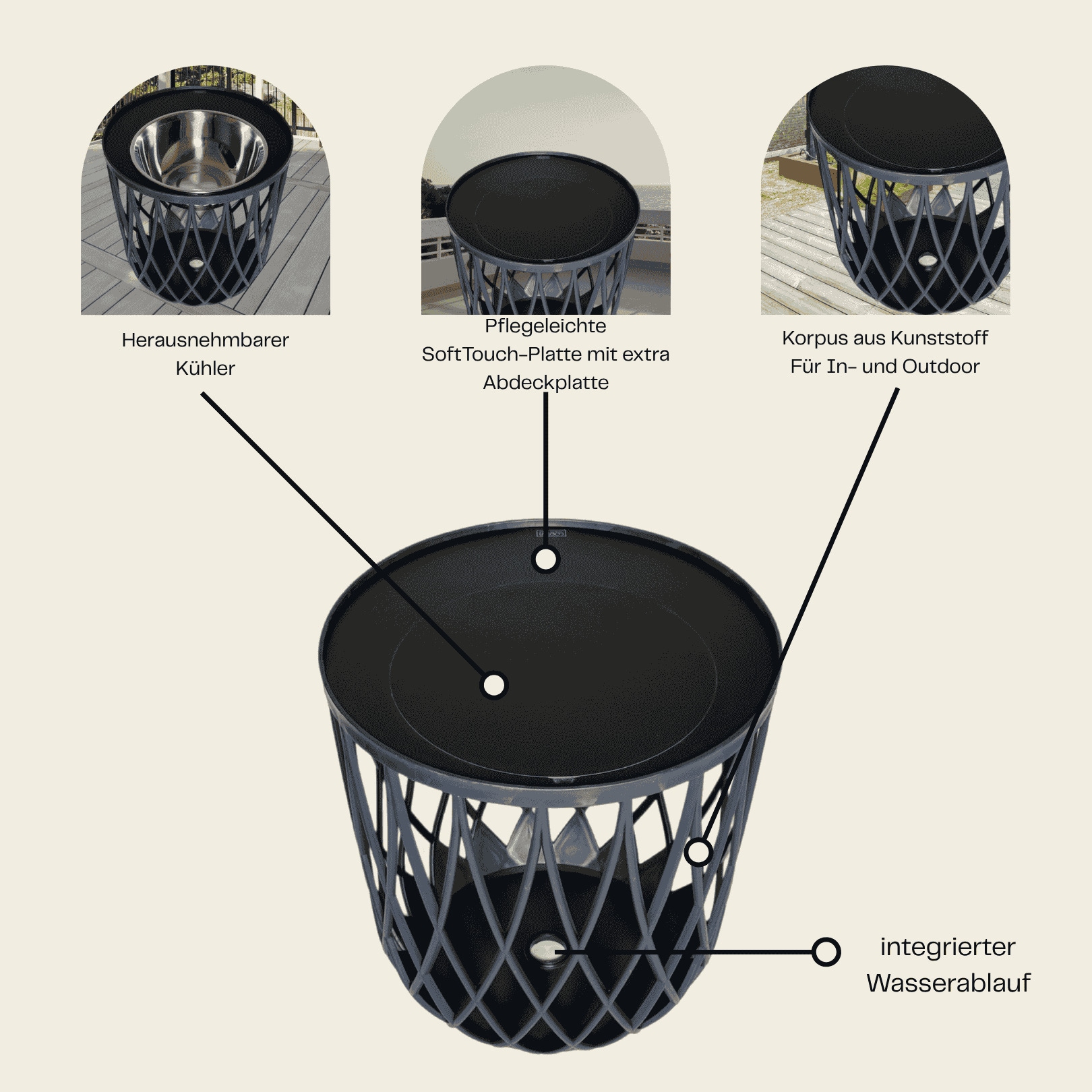 COOTAB Cooler Table Beistelltisch »4-in-1 Loungetisch mit Edelstahl-Kühler Dubai 45 cm schwarz« 1 Stk. tlg. Wetterfest, Pflegeleicht, Hitzebeständig, Stapelbar