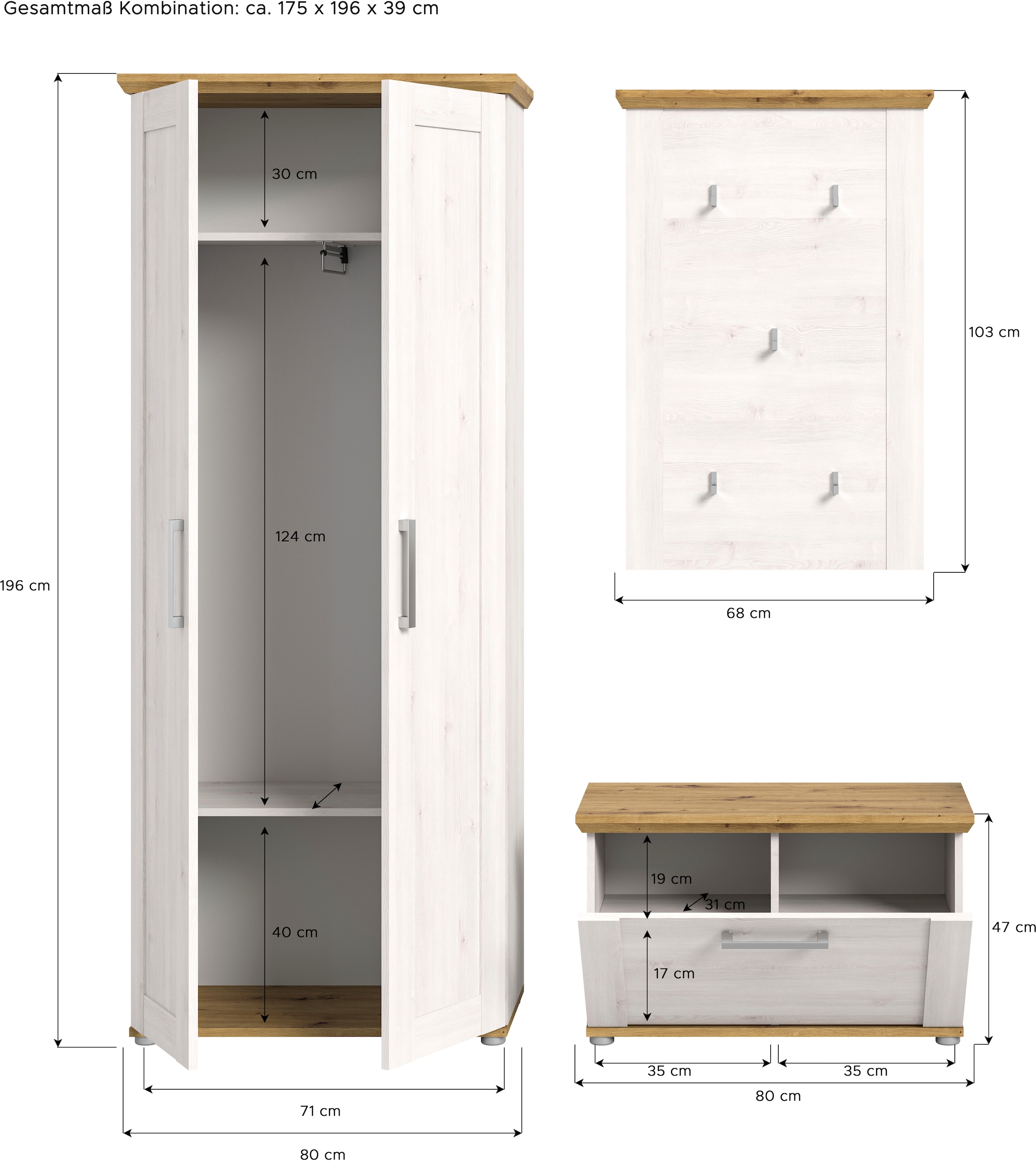 Home affaire Garderoben-Set »Cosenza, Breite ca. 175 cm, 2-farbig, 3-teilig, bestehend aus:«, (3 St.), Garderobenschrank, Sitzbank, Garderobenpaneel, in Landhausoptik