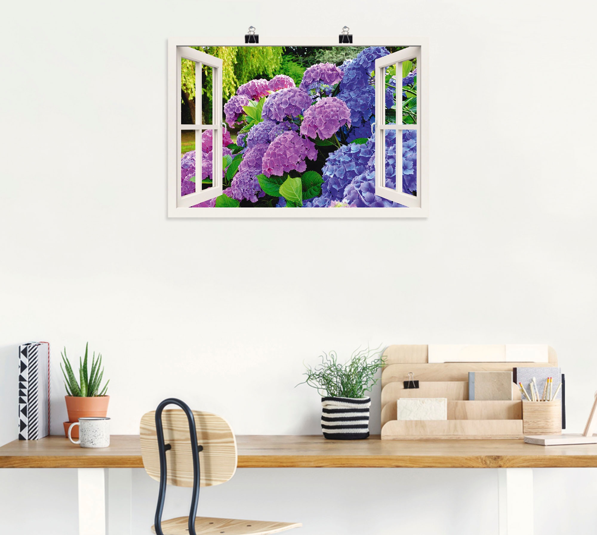 Artland Wandbild »Fensterblick Hortensien im Garten«, Blumen, (1 St.), als Leinwandbild, Poster in verschied. Größen