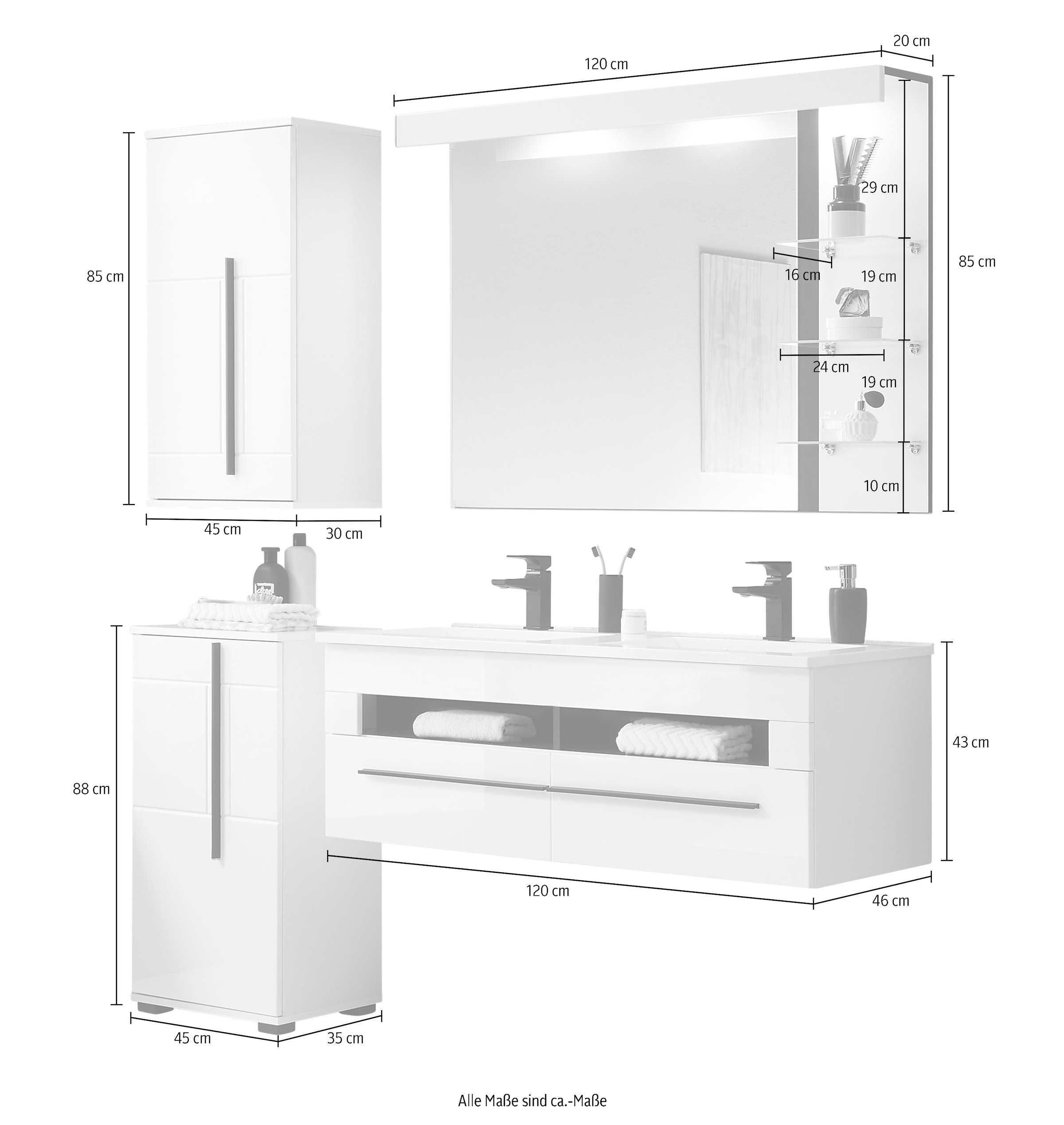 INOSIGN Badmöbel-Set »Cantara, Bad im modernen Design, 4-teiliges Badezimmer«, (Set, 4 St.), Waschtisch, Schrank, Hängeschrank und Spiegel, in Weiß Hochglanz