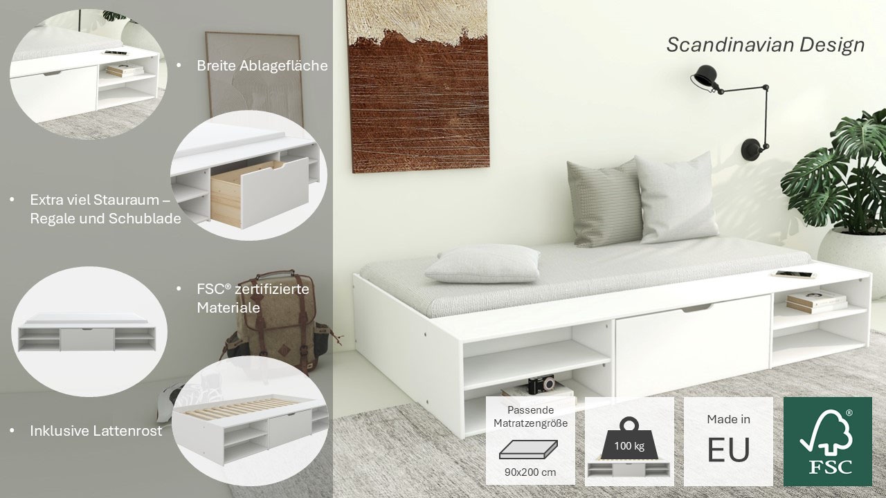Home affaire Stauraumbett »Cavan, Jugendbett, Podestbett, Futonbett, Made in EU«, (Breite/ Belastbarkeit: 120cm/200 KG, 90cm/ 100KG), inklusive Lattenrost, viel Stauraum, breite Ablage, FSC® zertifiziert