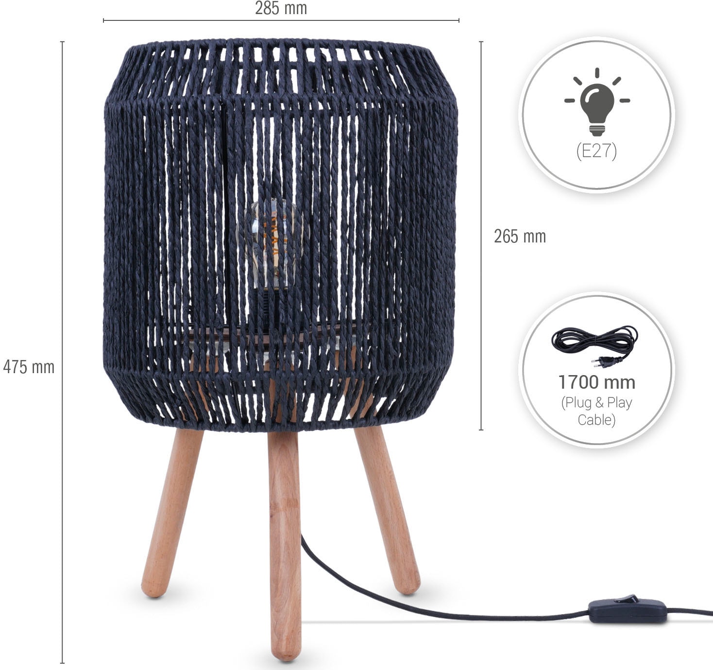 Paco Home Tischleuchte »SOL«, Leuchtmittel E27 | ohne Leuchtmittel, Boho Deko Lampenschirm Korb Holz E27