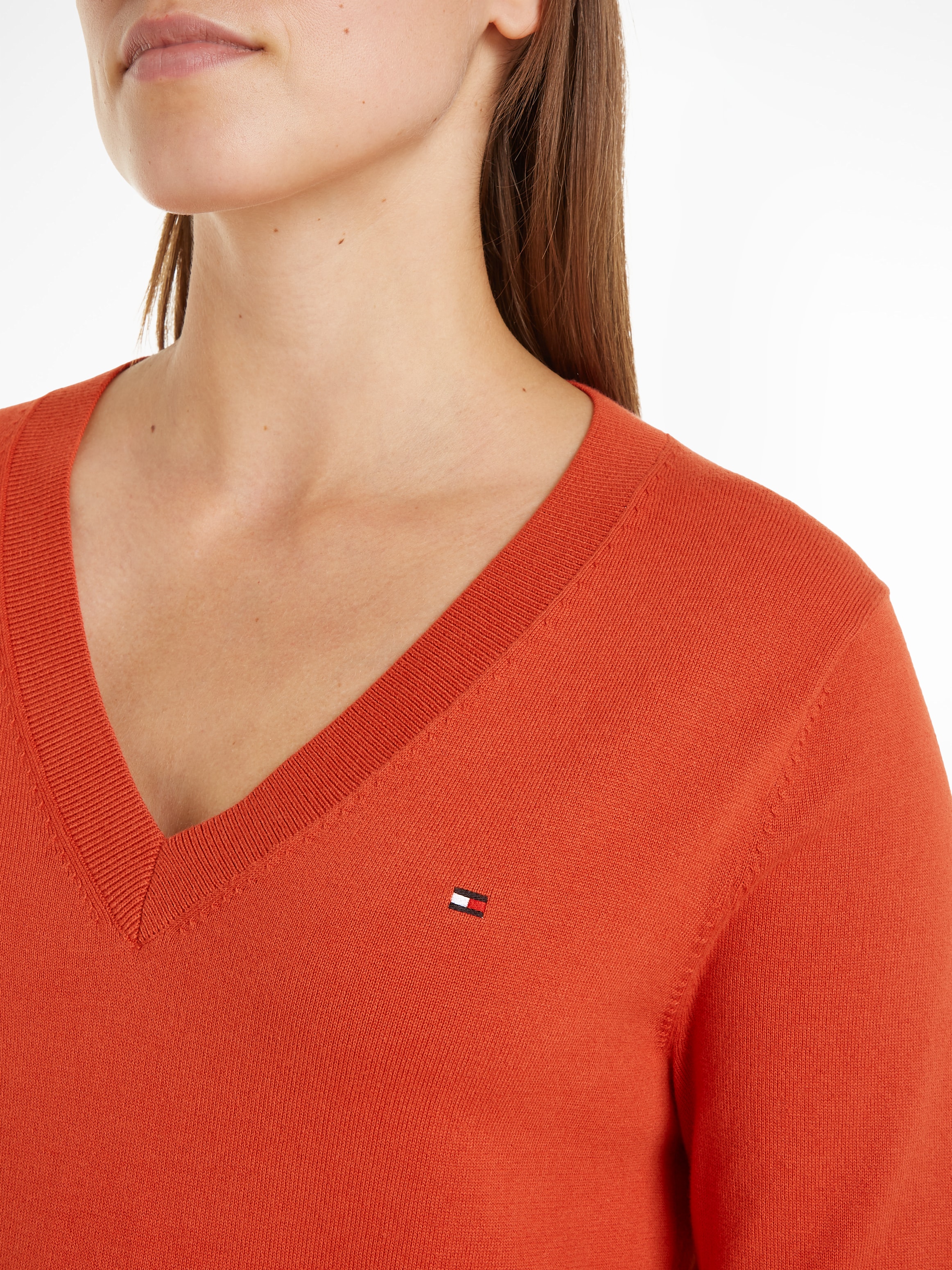 Tommy Hilfiger V-Ausschnitt-Pullover »CO JERSEY STITCH V-NK SWEATER mit V-Ausschnitt und Ripp«, unifarben, casual, regular fit, Baumwollmix, V-Ausschnitt
