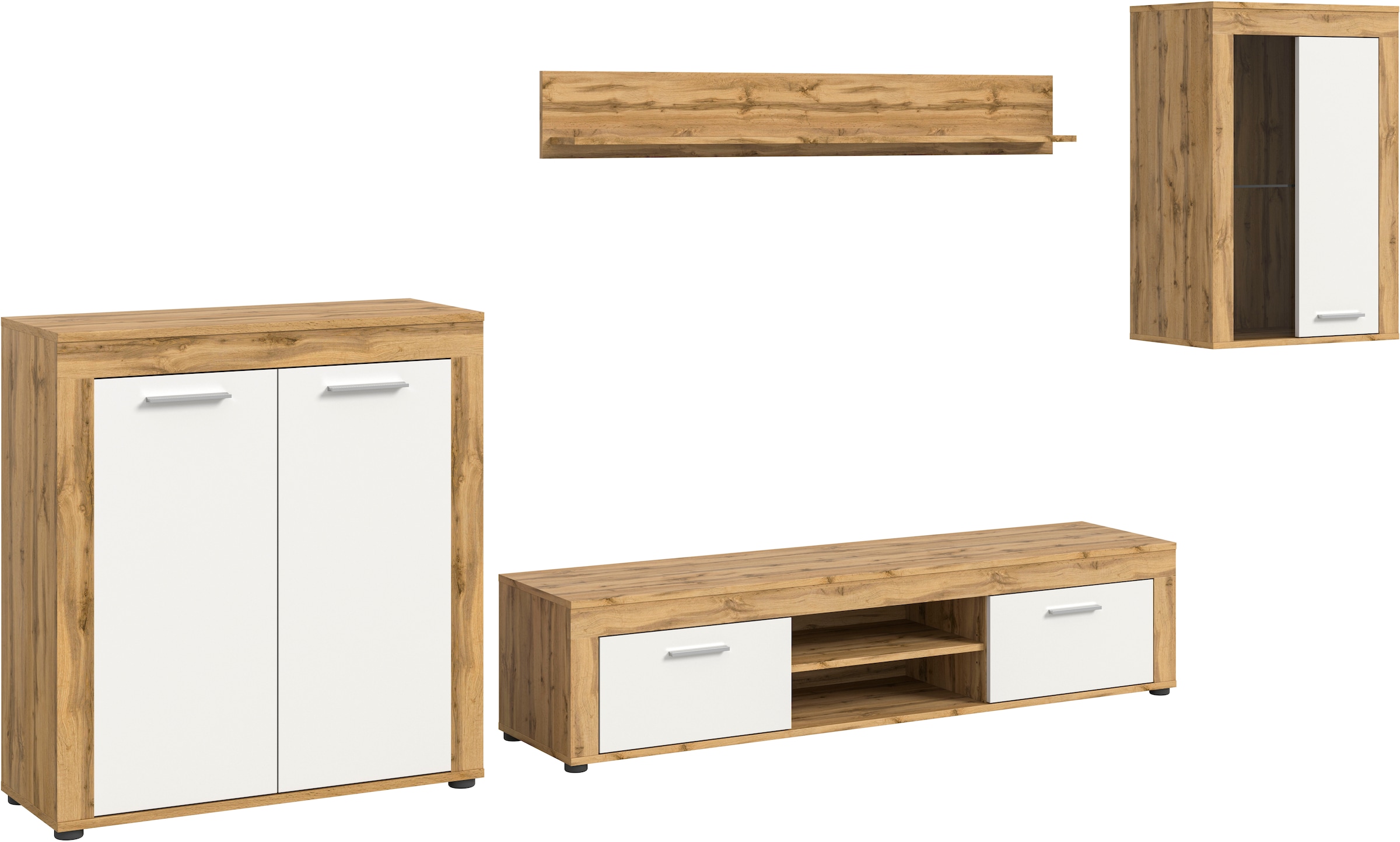 INOSIGN Wohnwand »Aosta, 4-tlg., best. aus: Highboard, Lowboard, Wandboard & Vitrine«, (4 St.), Wohnwand, Kombination, Anbauwand, Möbel Set, Schrankwand, Möbel Kombi
