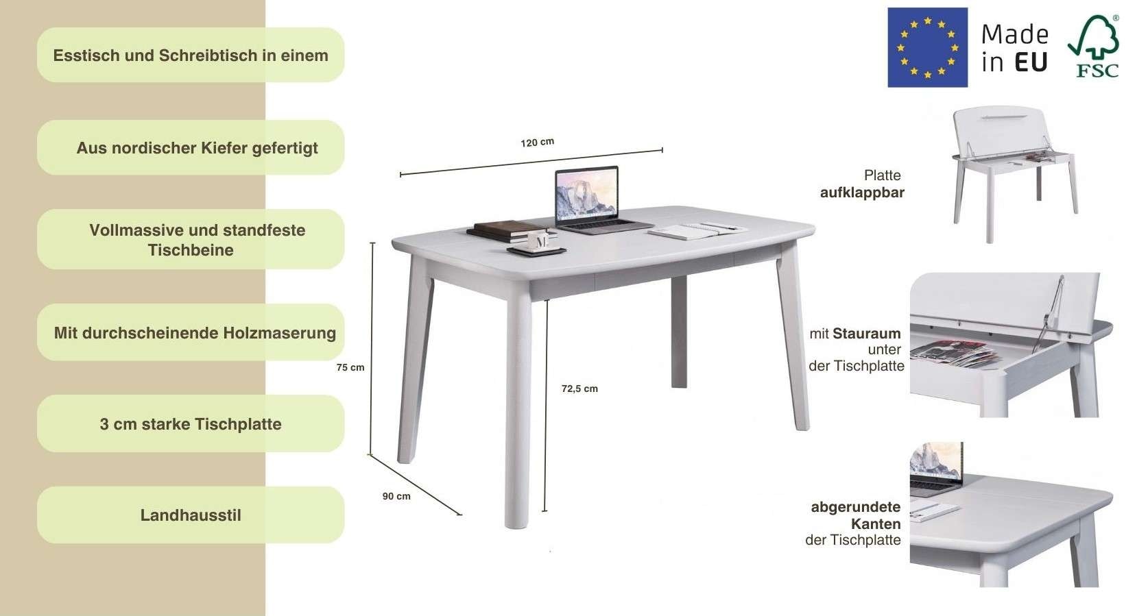 Home affaire Esstisch »Palermo, multifunktionaler Tisch, Arbeitstisch, Schreibtisch« mit Stauraum, Platte aufklappbar, Home Office Schreibtisch, Massivholz