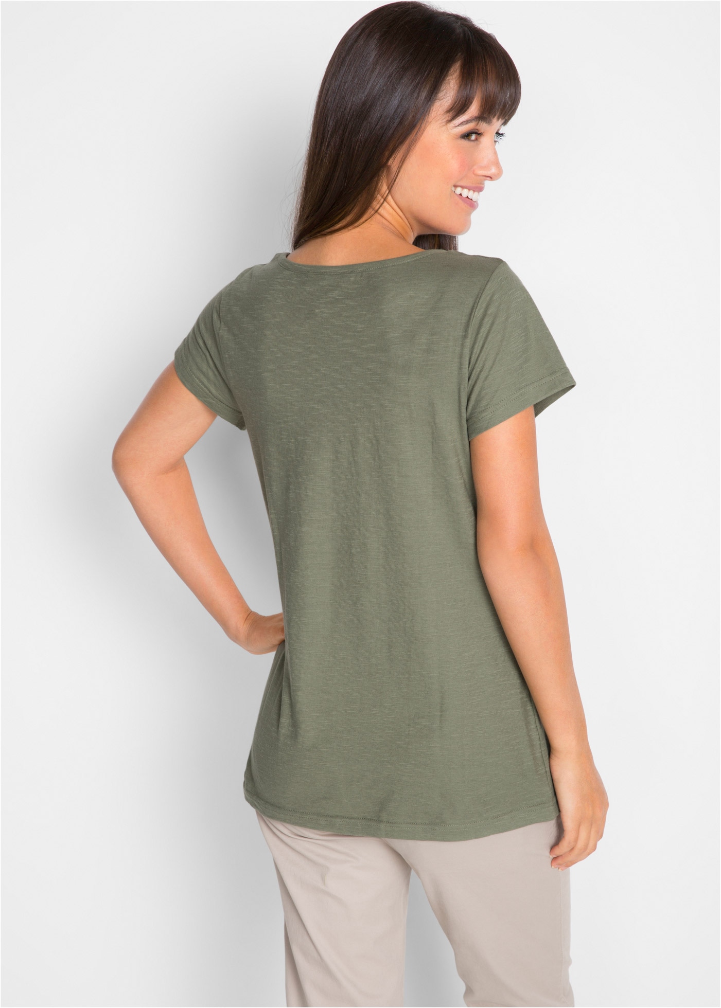 bonprix T-Shirt gerade Passform, Kurzarm, mit dekorativem Druck, aus Baumwolle