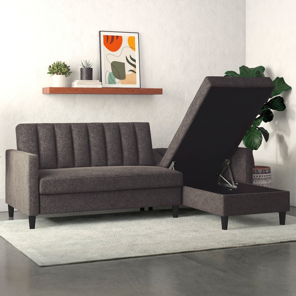 Dorel Home Ecksofa mit Schlafffunktion, Recamiere mit Stauraum beidseitig montierbar, Rückenlehne 2-teilig und 3-fach verstellbar