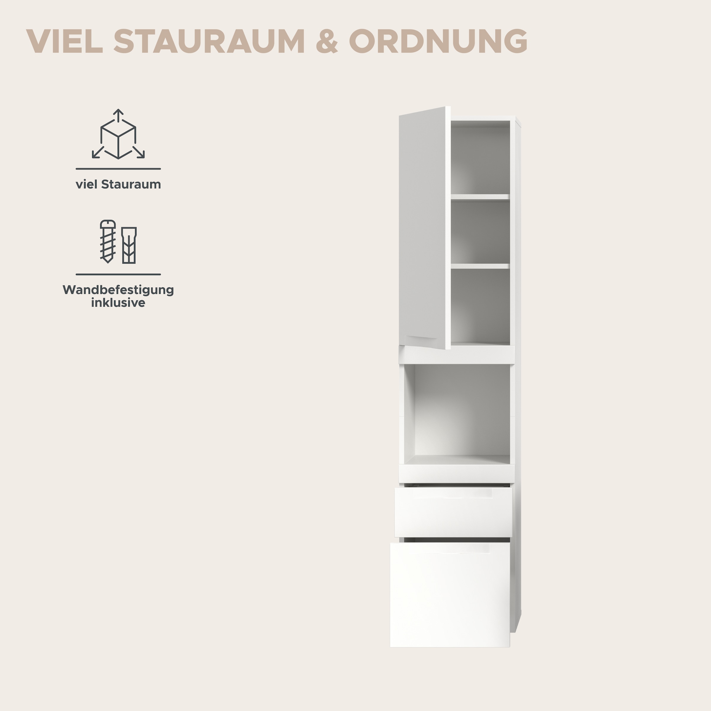 OTTO home Hängeschrank »MAOI, Höhe 166cm, 1 Tür, 2 Schubkästen, 1 offenes Fach« Badezimmerschrank, Schrank, Kommode, Midischrank, Bad, Badezimmer
