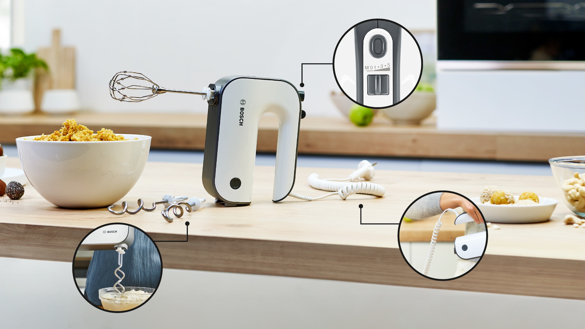 BOSCH Handmixer »MFQ49300, Edelst. Rührbesen/Knethaken, 5 Stufen, Spiralkabel« 850 W Turbotaste, Soft-Touch-Griff, leichtes Gehäuse, Made in Europe