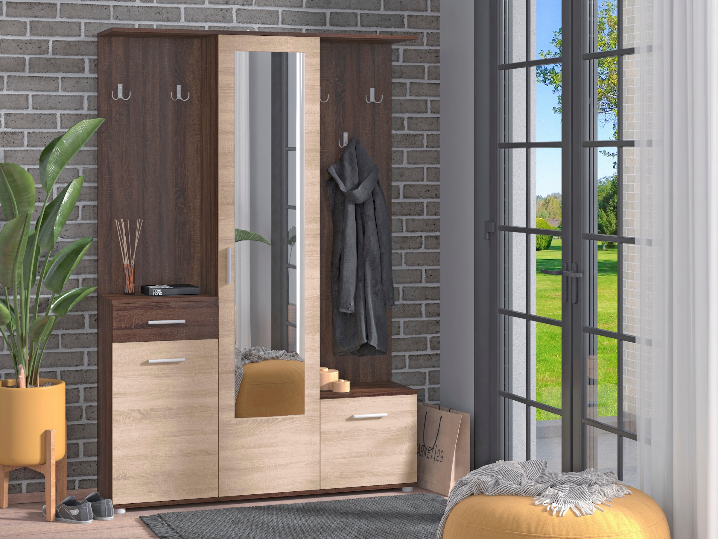 INOSIGN Kompaktgarderobe »Martin Flurgarderobe, Dielenschrank, Flurmöbel, Breite 134 cm«, Schuhschrank, mit Spiegel, in modernen Farben, mit 10 Haken