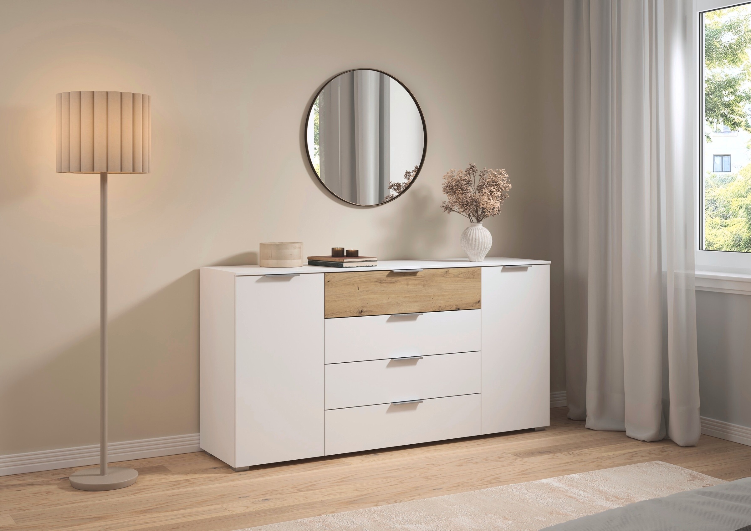 OTTO home Kombikommode »Kommode Sideboard Schubladenkommode Schlafzimmerkommode ASTANA« Breite 160 cm / Höhe 81 cm, mit 4 Einlegeböden,  2-türig, 4 geräumige Schubladen, Kantengriff Alufarben MADE IN GERMANY