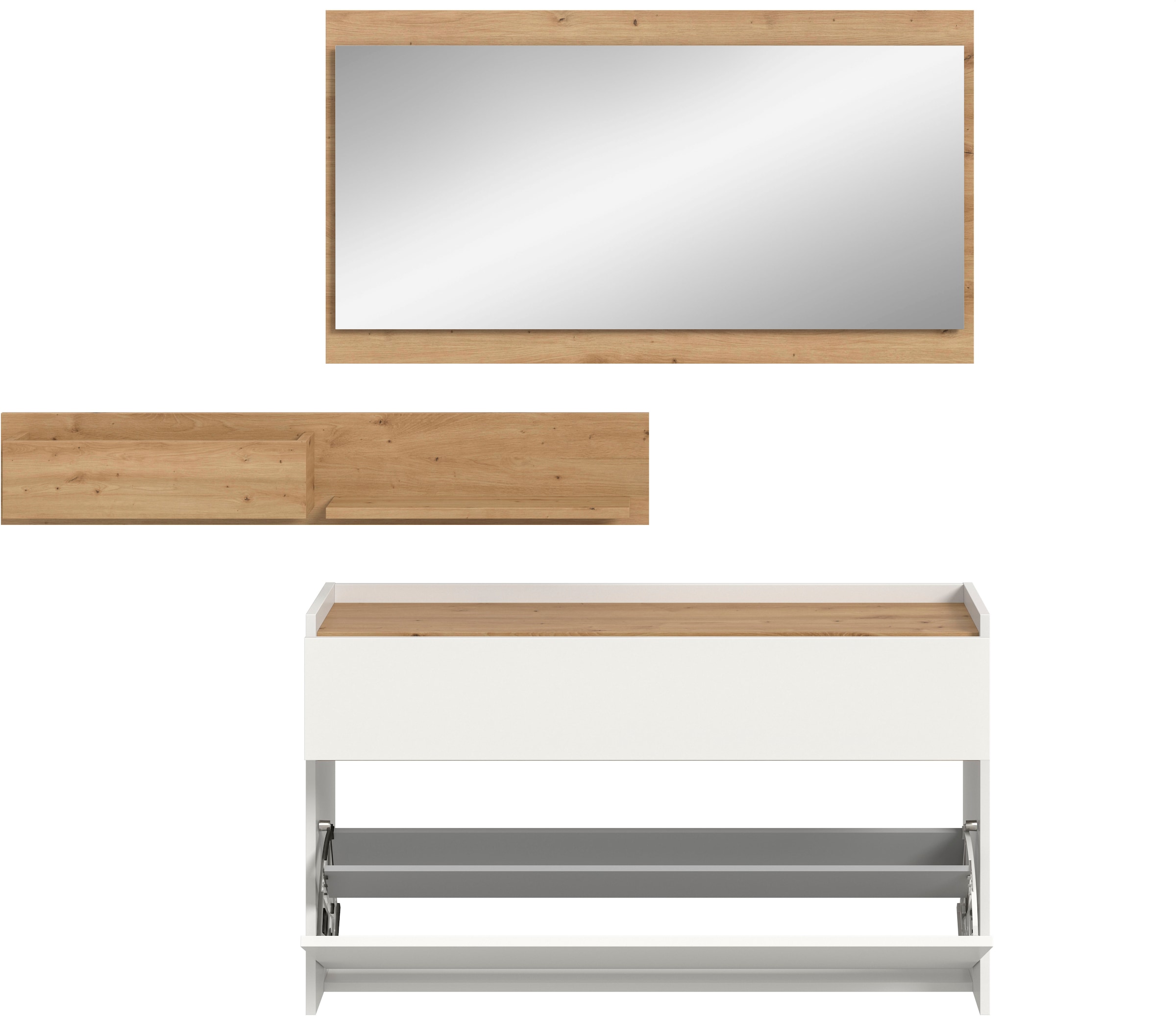 INOSIGN Garderoben-Set »EVRID, 3-teilig, Breite 140 cm, individuell hängbar & erweiterbar« best. aus: Kommode, Wandboard & Spiegel, 3 Stk. tlg.