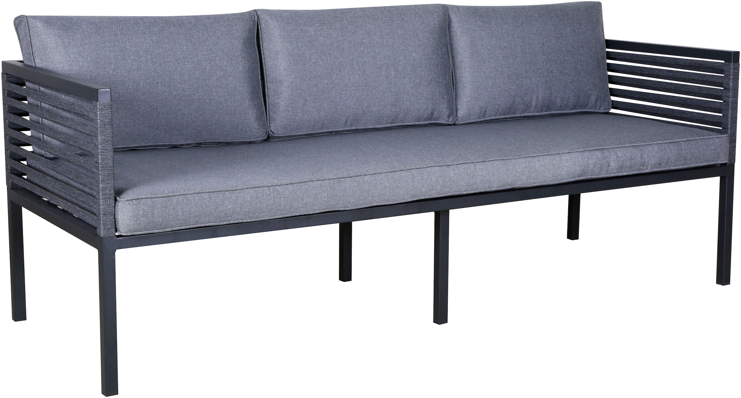 KONIFERA Gartenlounge-Set »Ecklounge »Edessa«« Set, 2x 3er Sofa, Tisch 70x140x69 cm, 1 Sitzbank, inkl. Auflagen, 14 Stk. tlg. Armlehne mit Seilgeflecht und Nonwood-Latten
