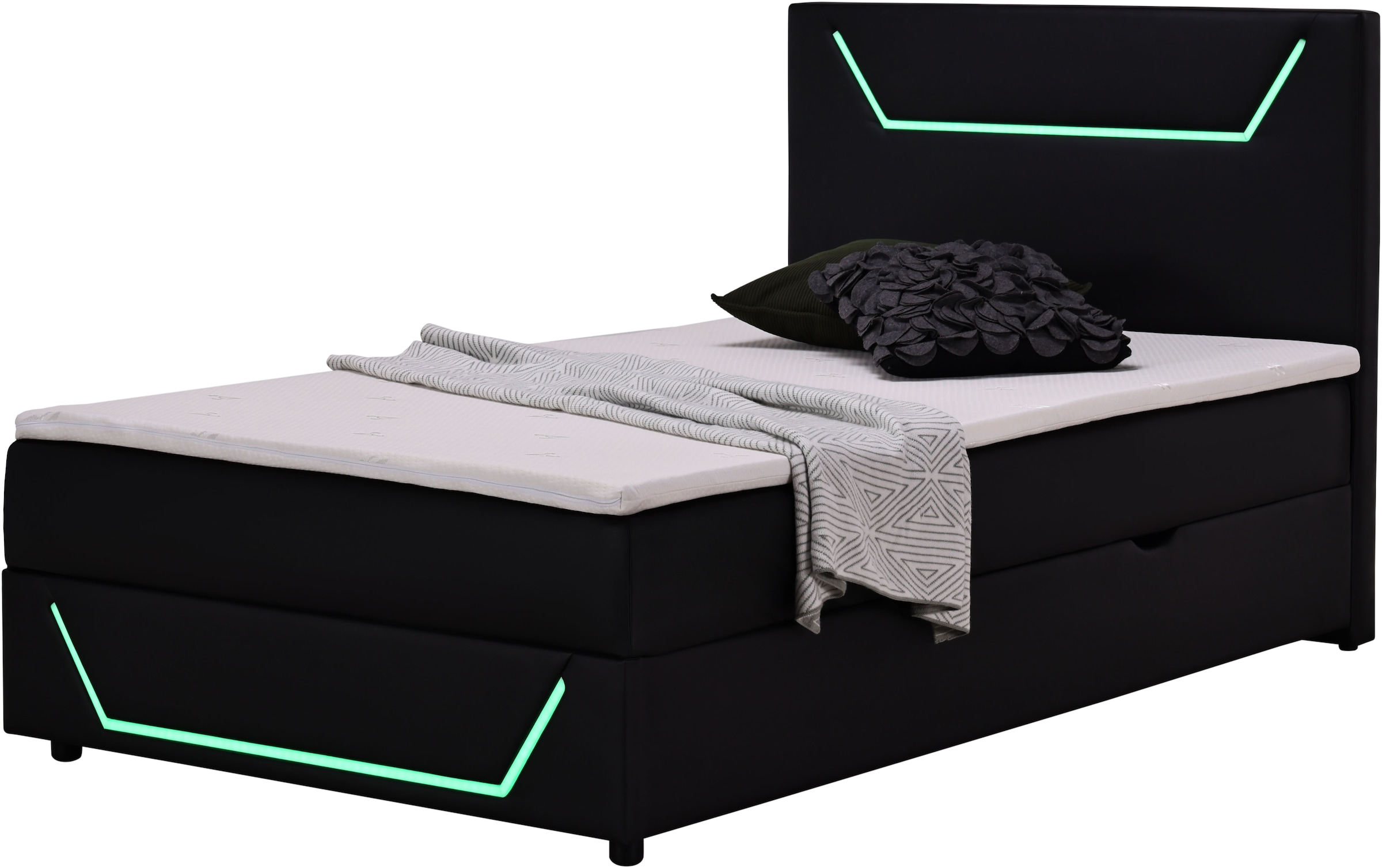 Home affaire Boxbett »GALAXY inkl. Bettkasten, mit grüner LED-Beleuchtung, Breite: 120cm« Gamingbett mit Kunstlederbezug in schwarz, inkl. Topper