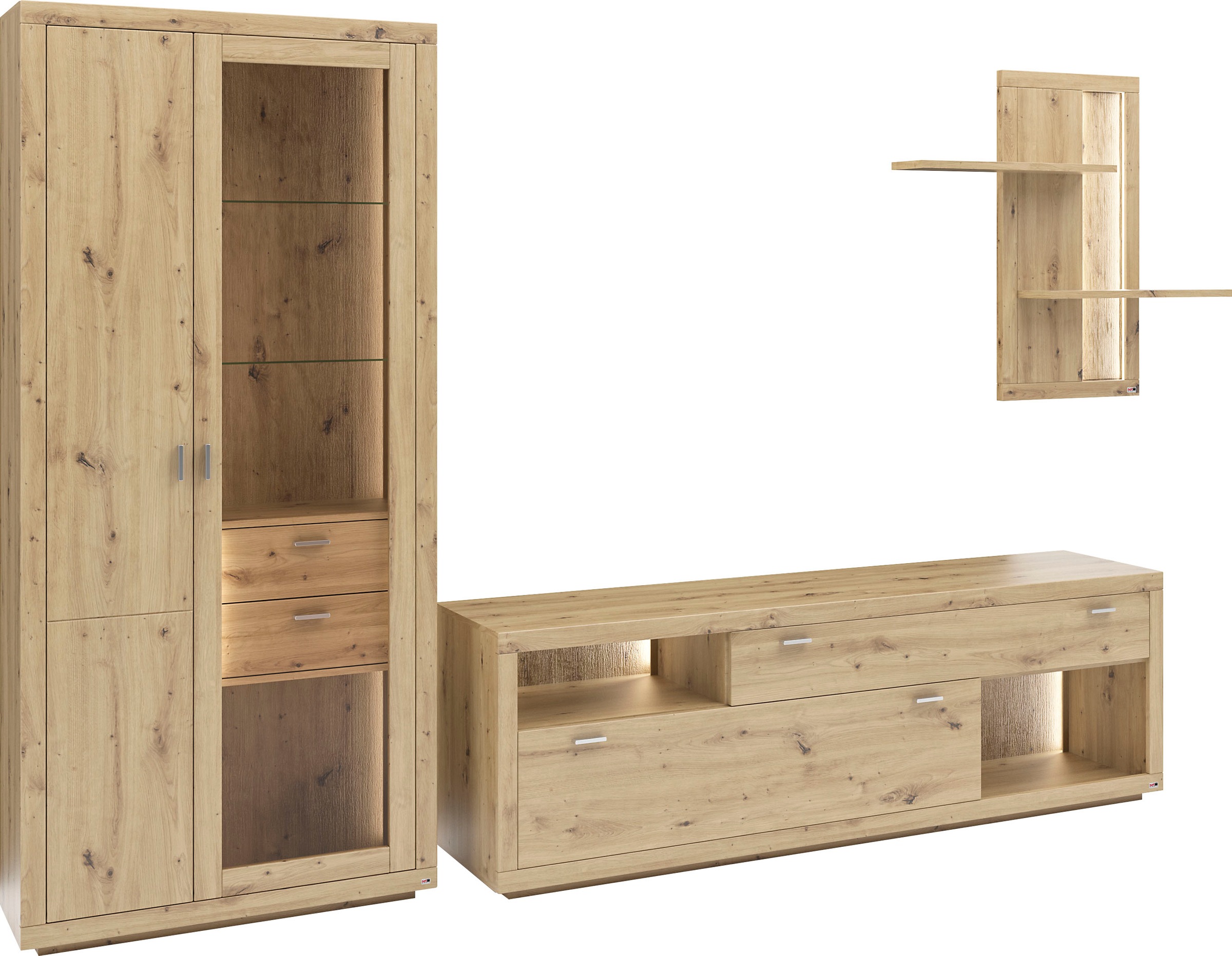 set one by Musterring Wohnwand »Chandler«, (Set, 3-St), Eiche Artisan, Maße (BxHxT) 337 x 205,4 x 49,9 cm