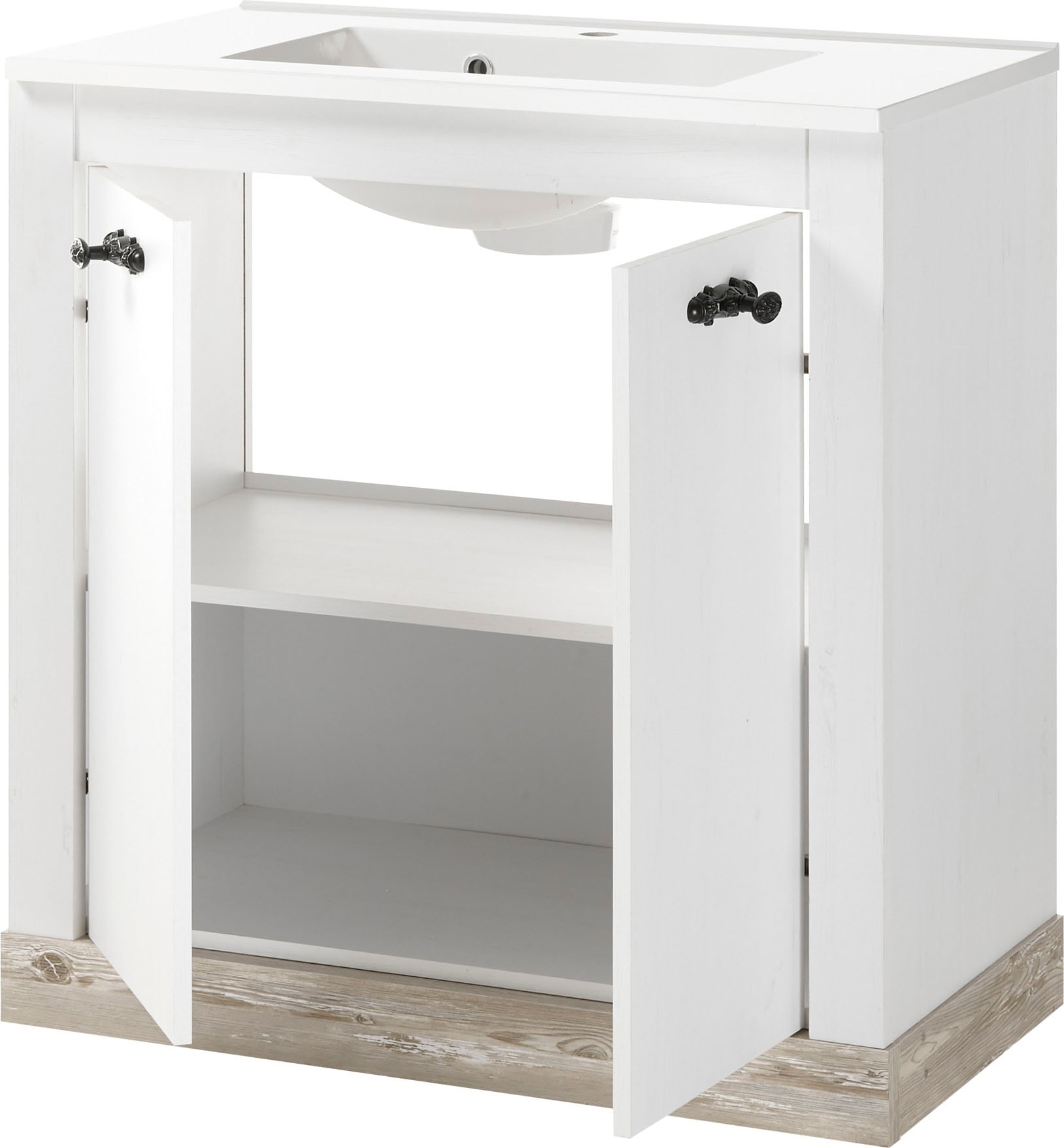 Home affaire Badmöbel-Set »Florenz, Bad im Landhausstil, 4-teiliges Badezimmer«, (4 St.), Waschtisch, Schrank, Wandregal und Spiegel, in Pinie Weiß, Stauraum