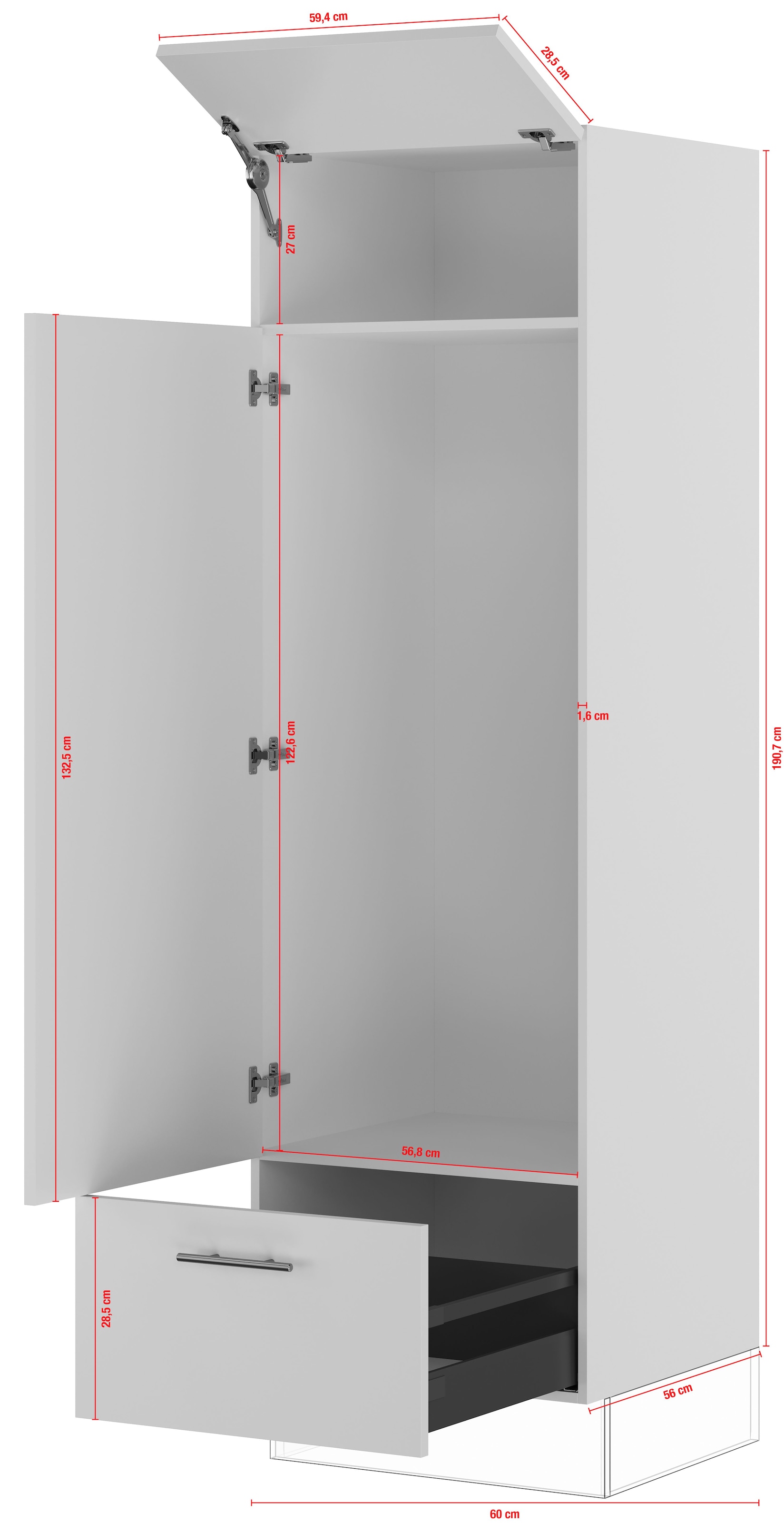 IMPULS KÜCHEN Kühlumbauschrank »"Turin", Breite/Höhe: 60/190,7 cm, mit Soft-Close«, vormontiert, mit Drehtür, mit Auszug, mit Klapptür