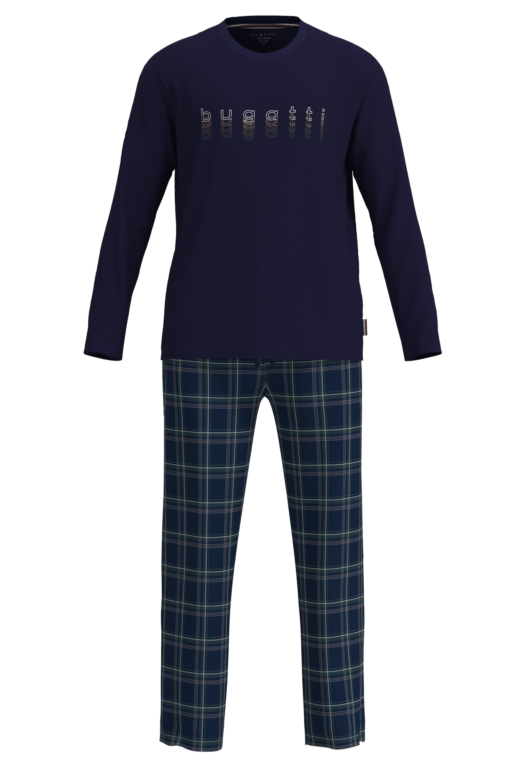 bugatti Pyjama Langarm, Rundhalsausschnitt, mit Logo, kariert, Baumwolle