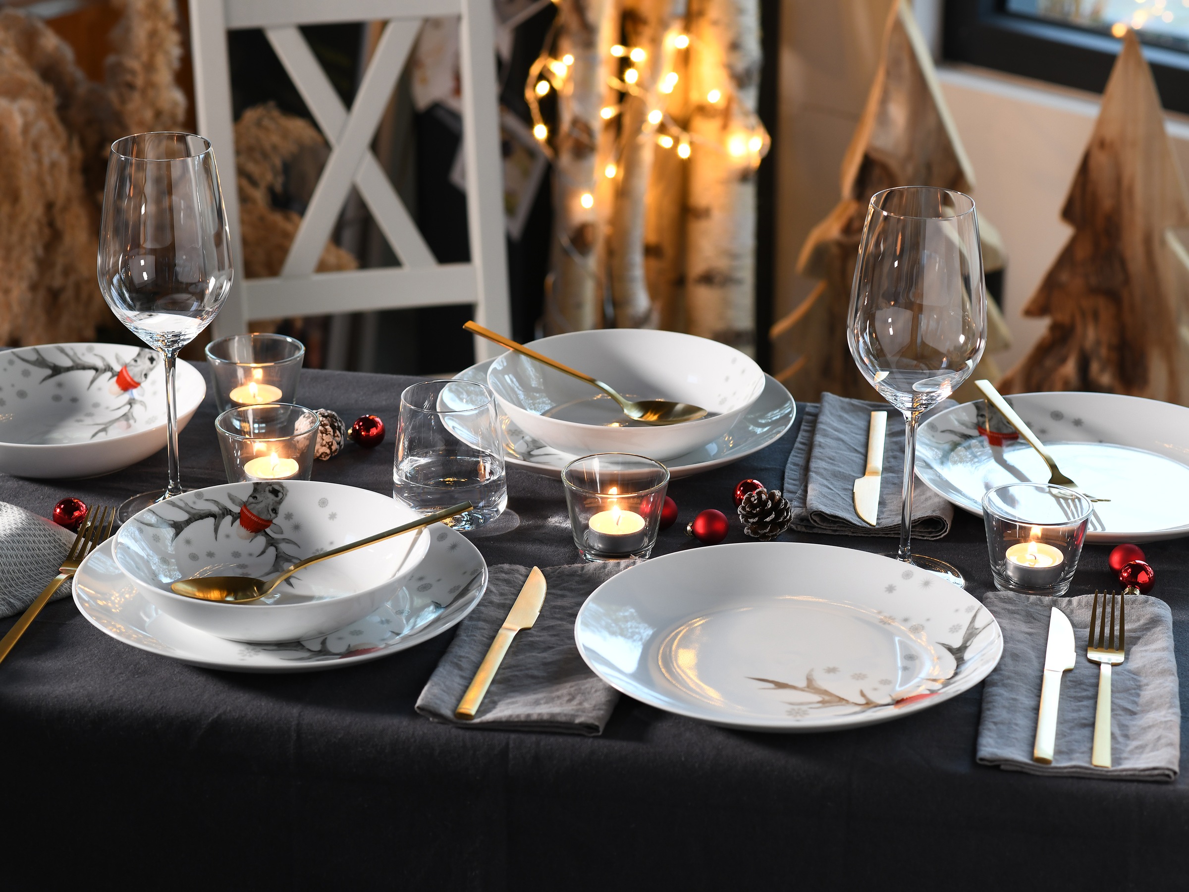 CreaTable Tafelservice »Luna Hirsch«, (Set, 12 tlg.), winterliches Hirsch-Motiv
