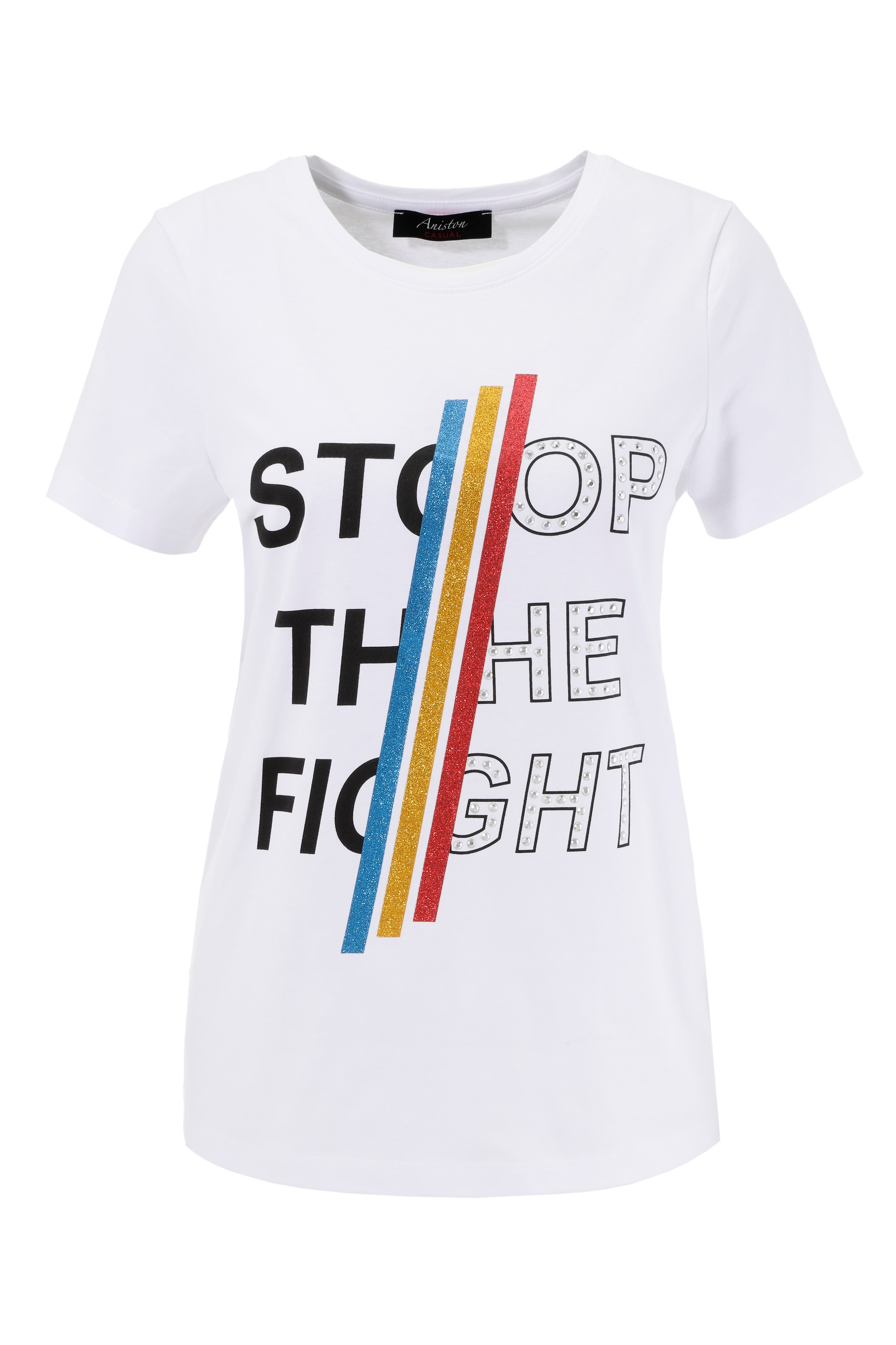 Aniston CASUAL Print-Shirt, mit bunten bei und OTTO Nieten Schriftzug Glitzerstreifen, bestellen