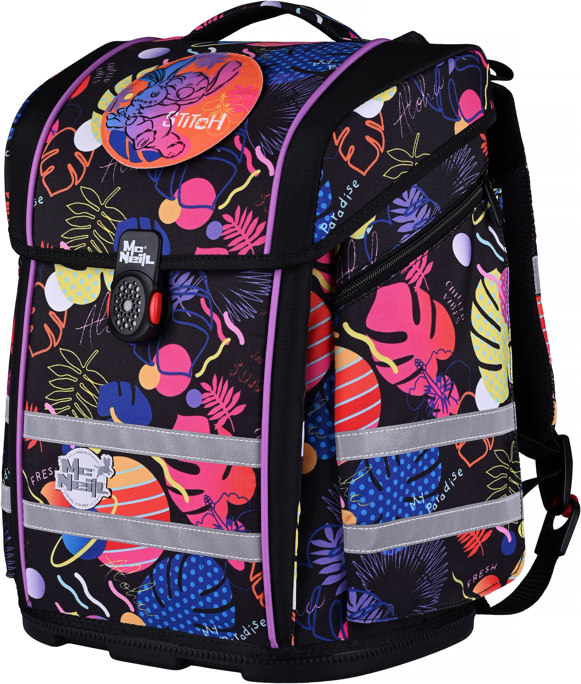 McNeill Schulranzen »Perfecto, Disney Stitch, black« Reflektierende Streifen auf den Schultergurten;Retroreflektierende Flächen inkl. Federmäppchen, Turnbeutel, Schlamperrolle & Motivmagnet