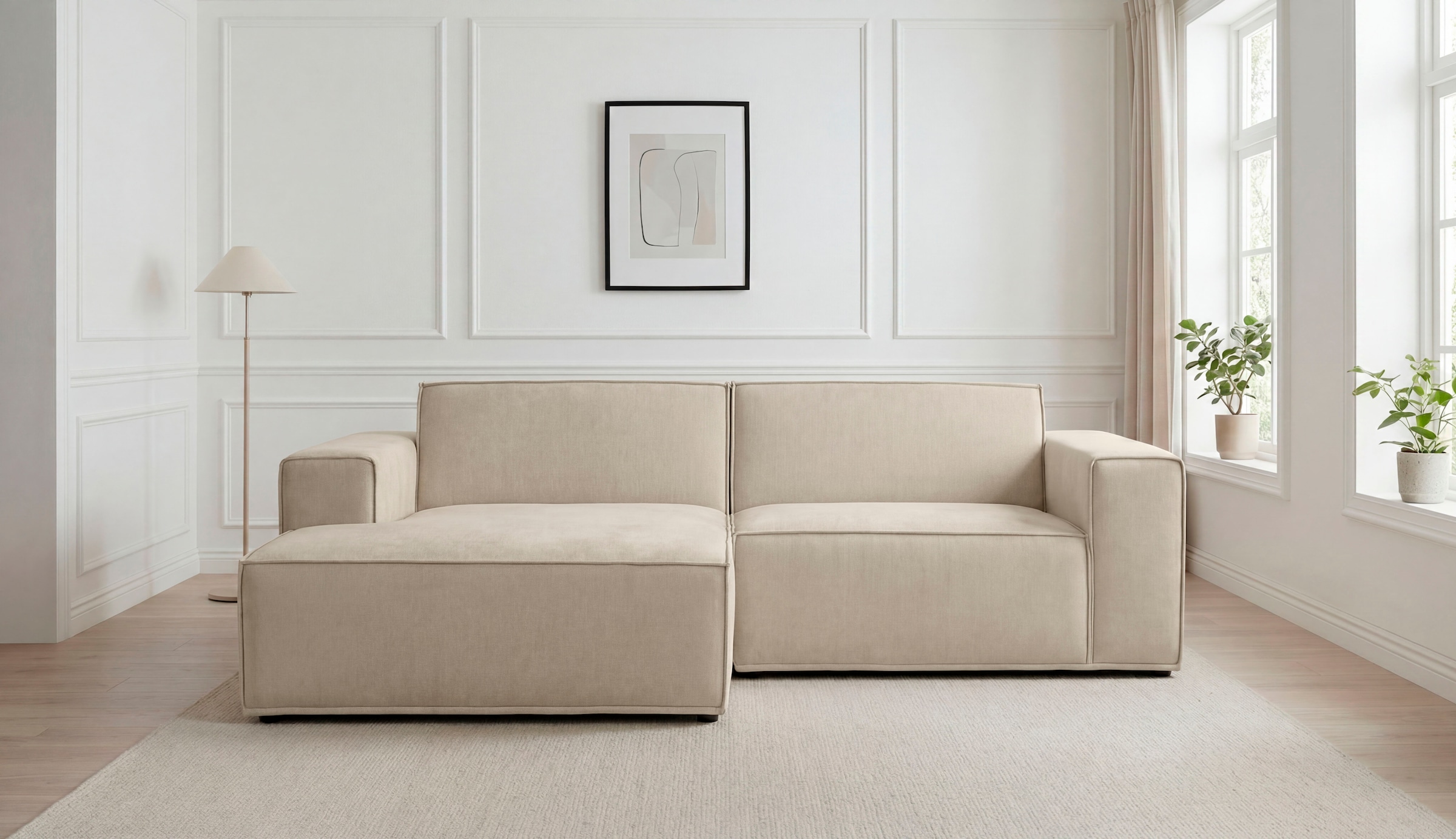 Home affaire Ecksofa »Avelin, 228 cm, L-Form, Chenille, Struktur-Boucle« mit Wellenunterfederung, Kedernaht, bodentief, Skandi-Design