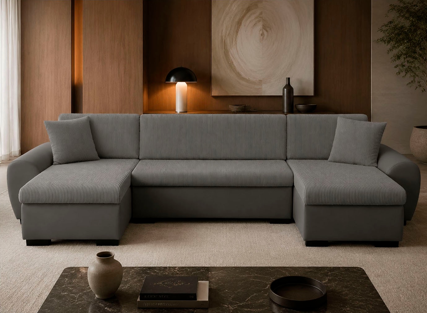 OTTO home Wohnlandschaft »KIVELLA Cord-Struktur, U-Form, 307 cm« Schlaffunktion(128/257), Bettkasten, Cord-Struktur-Mix