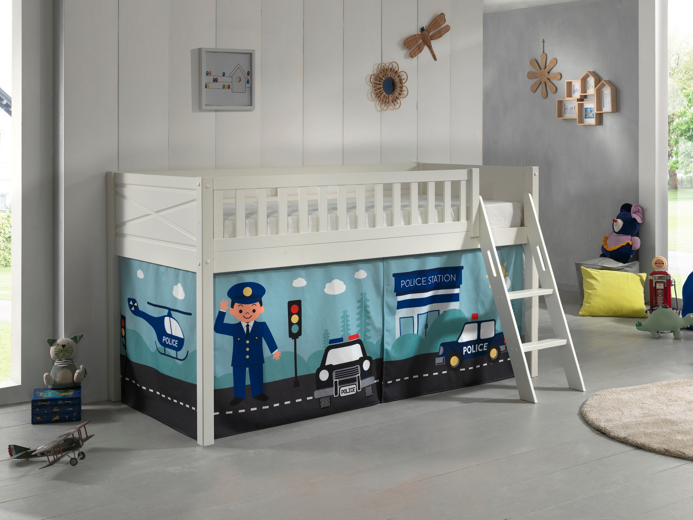 Vipack Hochbett »Scott« Made in Europe,  mit schräger Leiter, LF 90x200 cm, Vorhang, Tunnel, 7 Designs