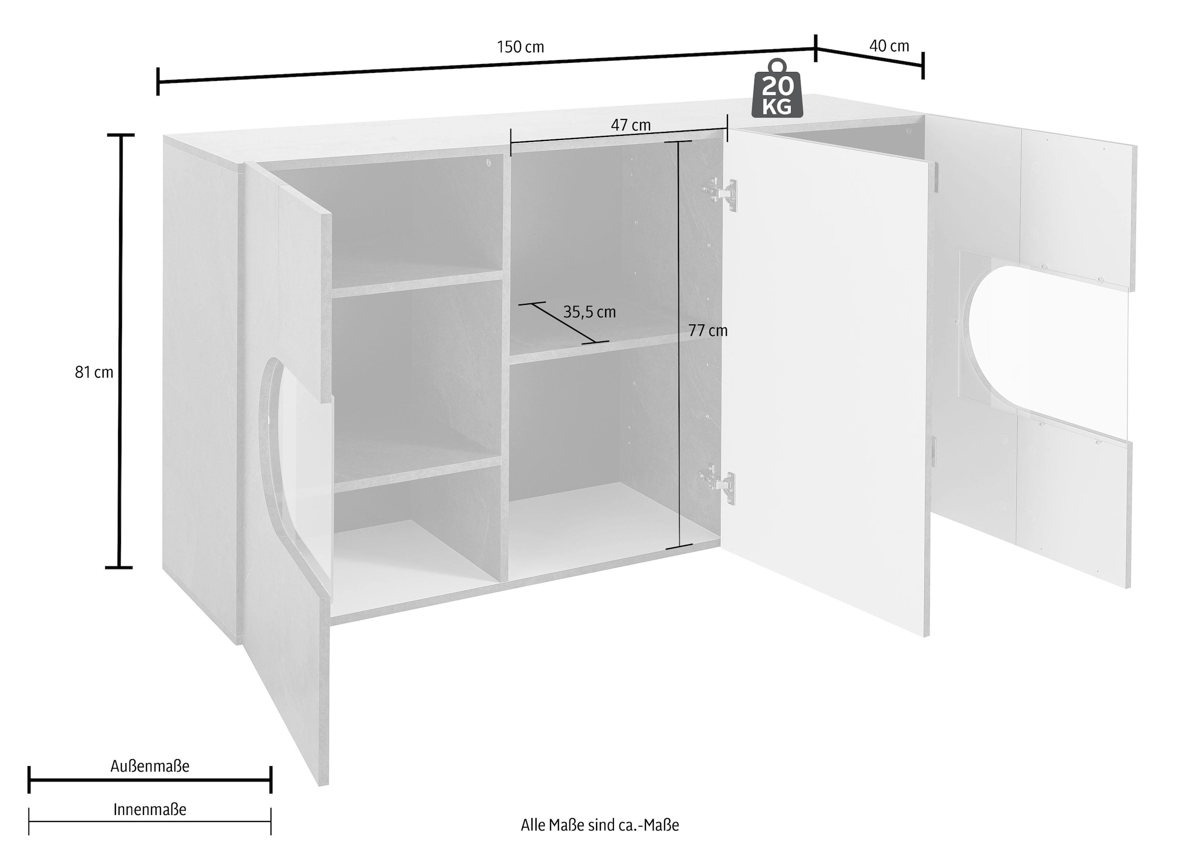 INOSIGN Sideboard »Real,Vitrine,Kommode,Schrank, komplett hochglanz lackiert«, mit 3 Türen davon 2 Glastüren ohne Griff, Breite 150